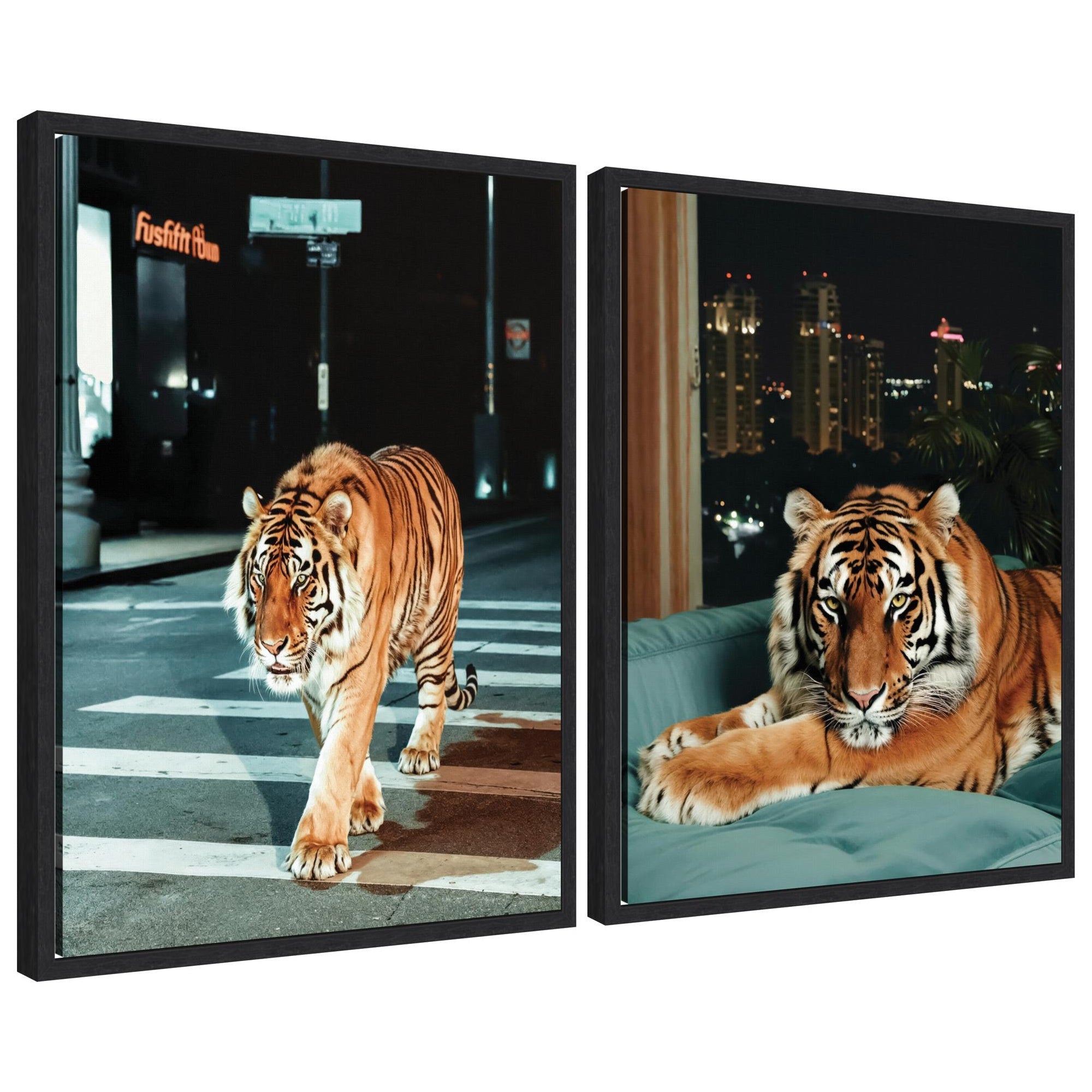 Sylvie Tiger in the City at Night Framed Canvas Art Set by Michael Schauer