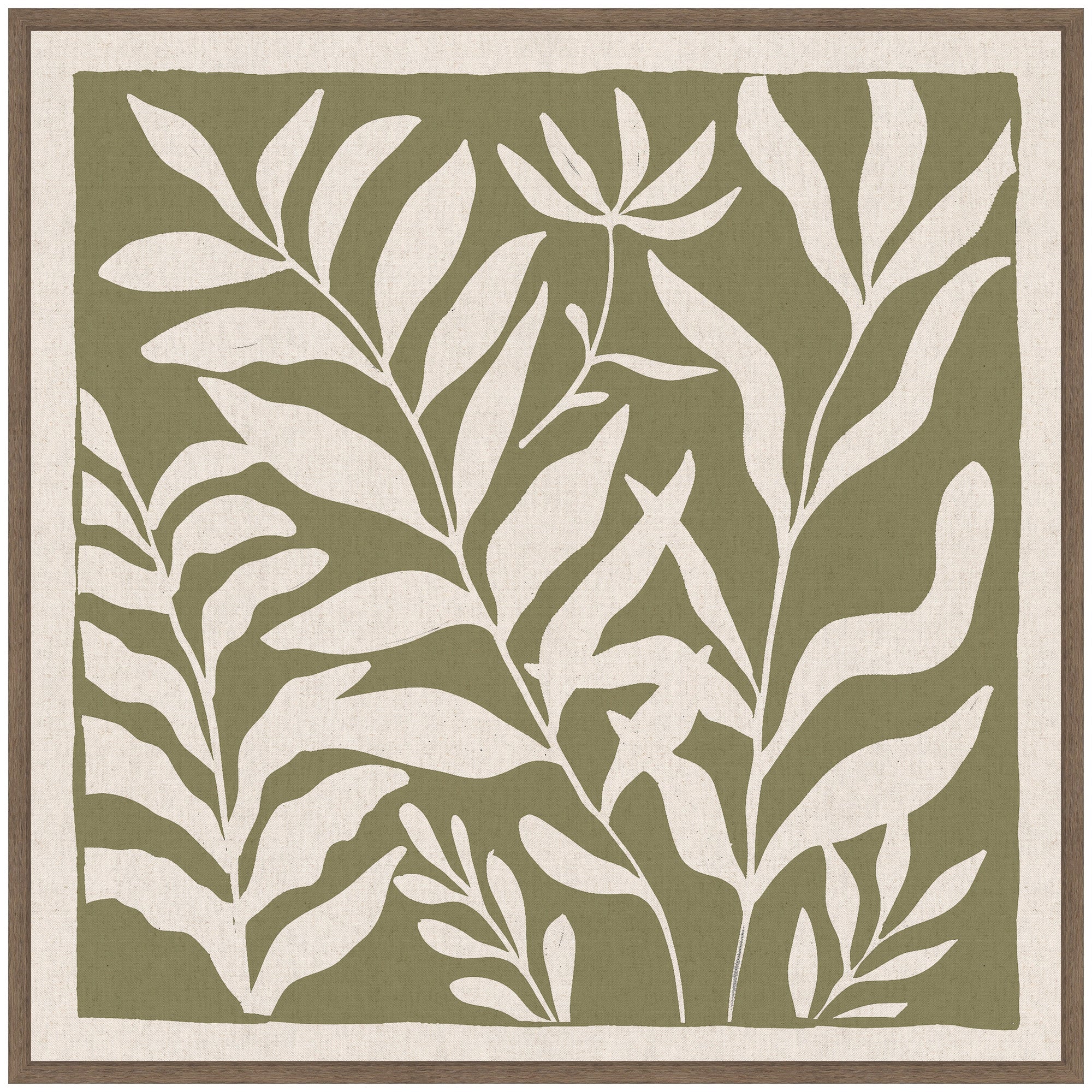 Sylvie Modern Minimalist Botanical Green and Neutral Linen Framed Canvas by The Creative Bunch Studio