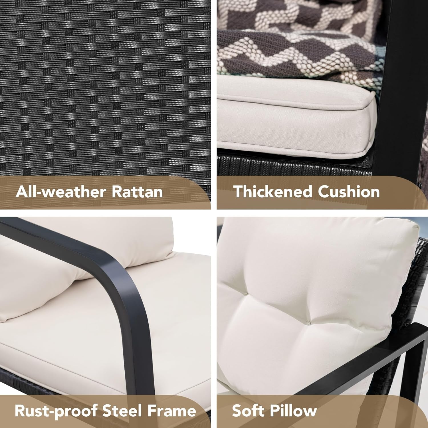 Beige 3 Piece Rocking Patio Bistro Set With Tempered Glass Coffee Table For Outdoor Furniture