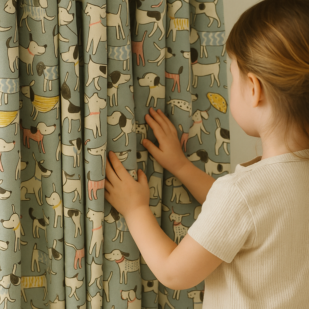 Puppy Parade Cotton Kids Curtains – Pastel Blue Dog Print Drapes, Light-Filtering or 100 % Blackout-0