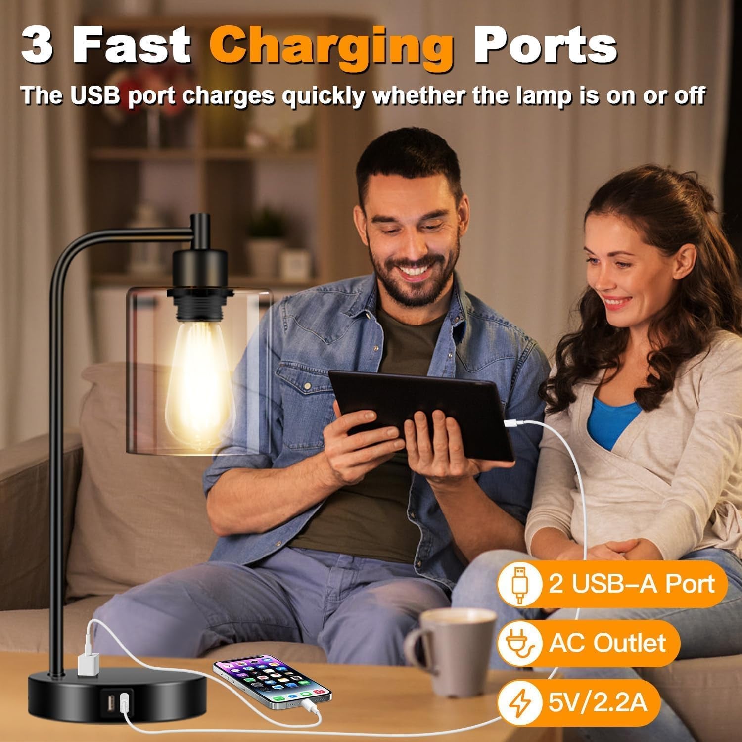 Black Industrial Touch Control Table Lamps With USB Ports
