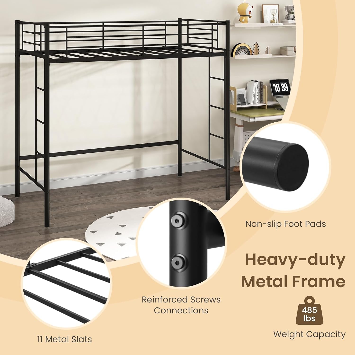 Black Twin Loft Bed With Dual Ladders For Juniors And Teens