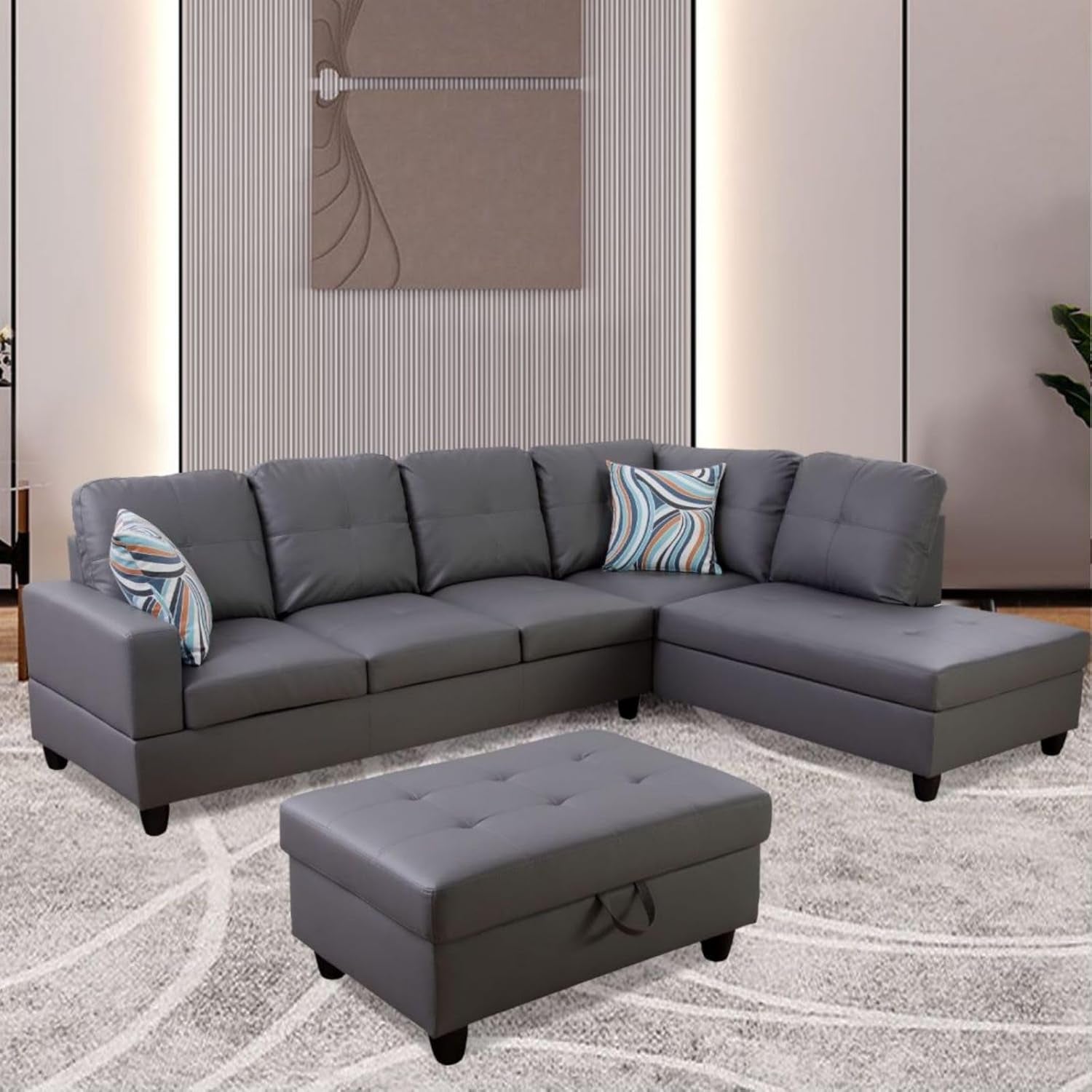 Dark Grey L Shaped PU Leather Sofa With Storage Ottoman