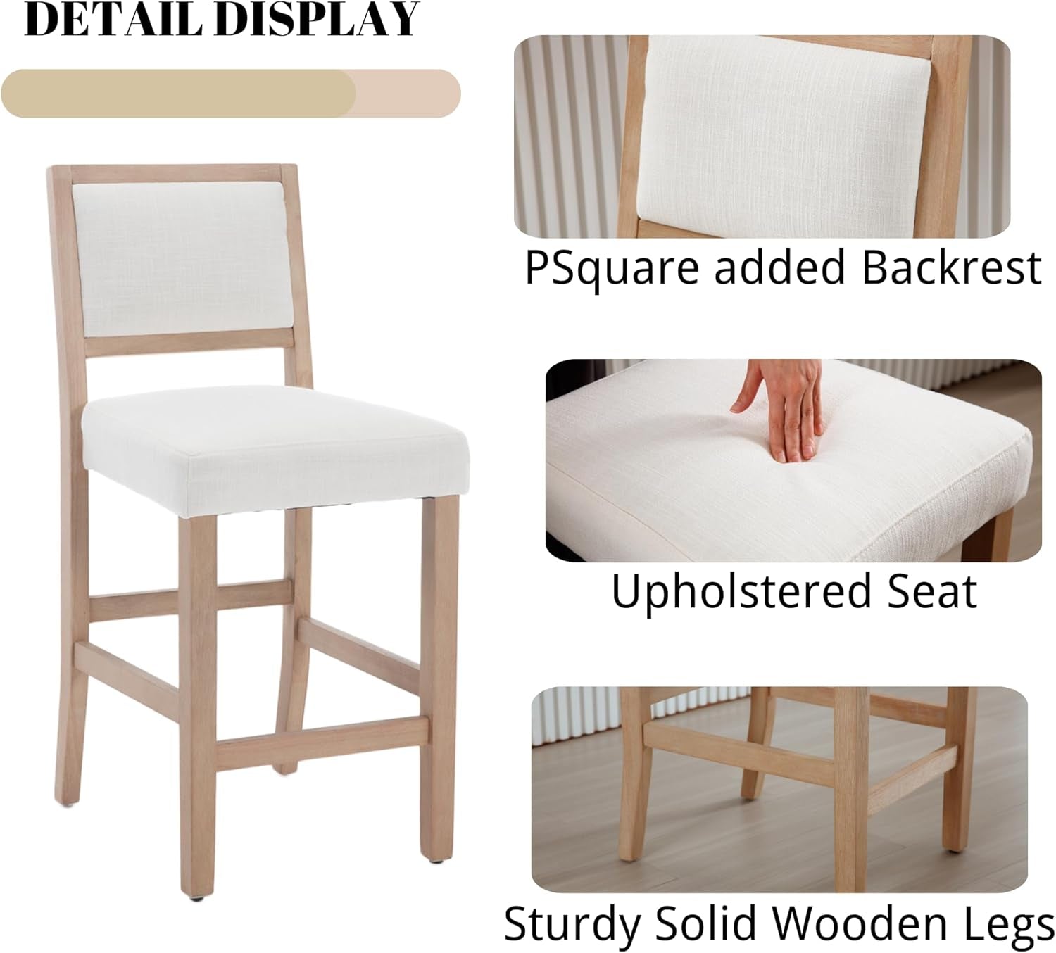 Beige Bar Stools Set Of 2 26 Inch Counter Height Backrest