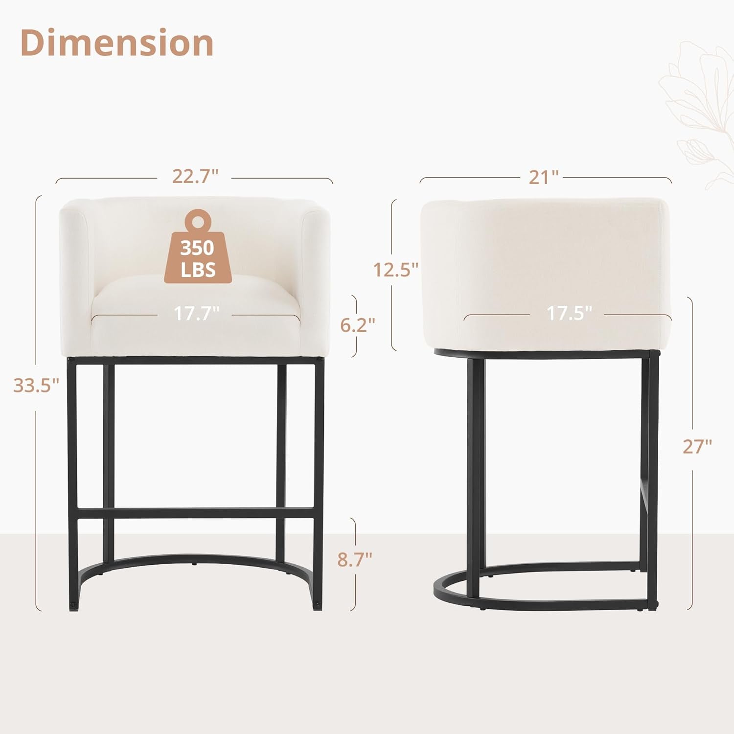 27 Inch Counter Height Bar Stools Set Of 2 With Backrest And Armrests Beige Linen Upholstery Black Metal Frames
