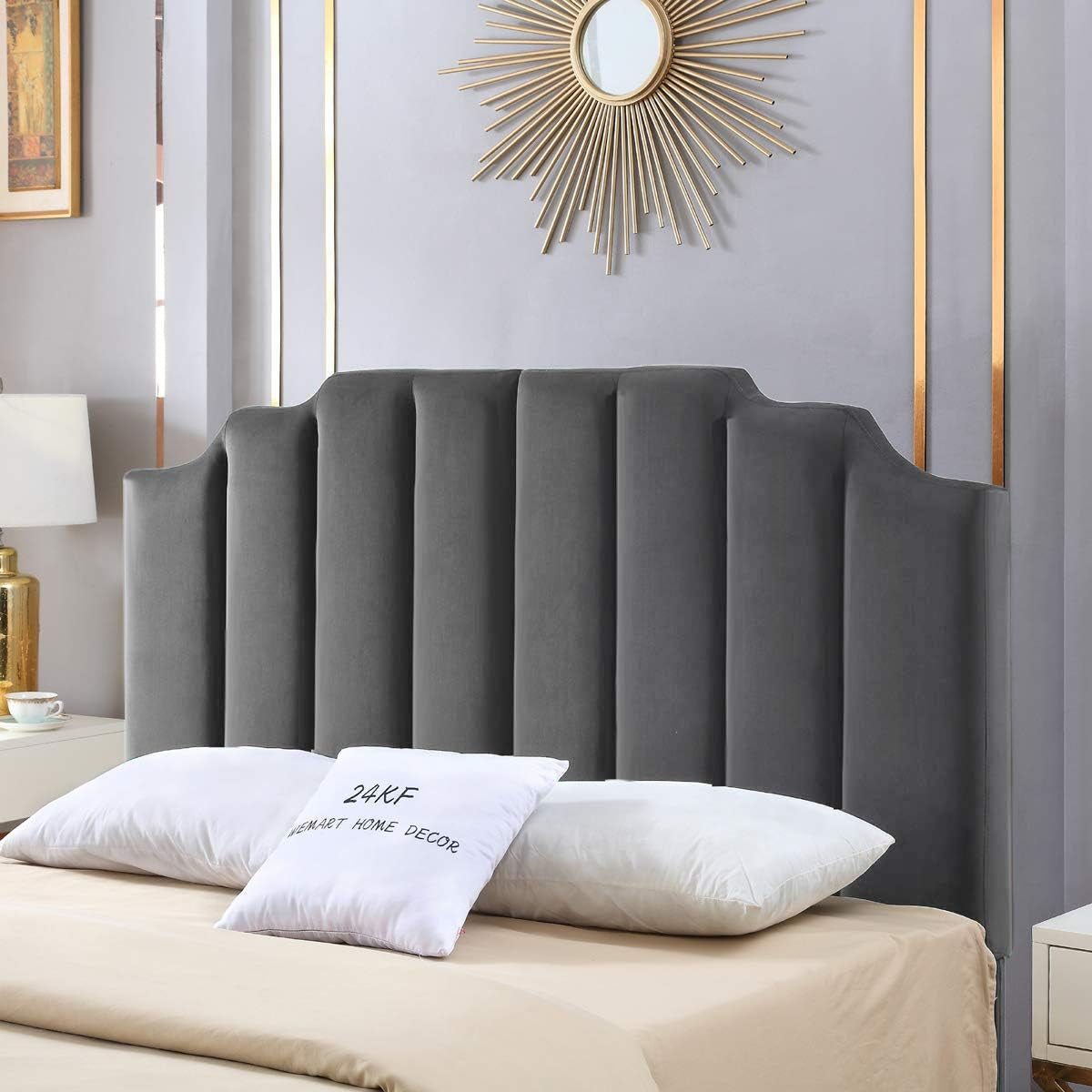 Dark Gray Velvet Tufted Queen Headboard with Curved Design