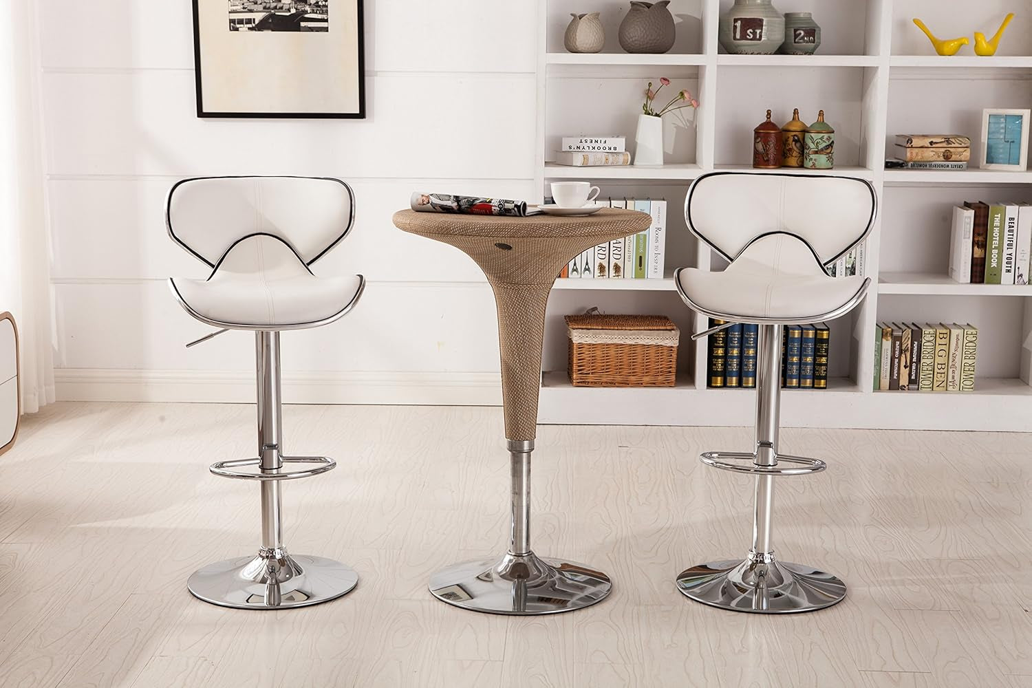 White Cushioned Leatherette Barstool Set Of 2 Adjustable Height Swivel