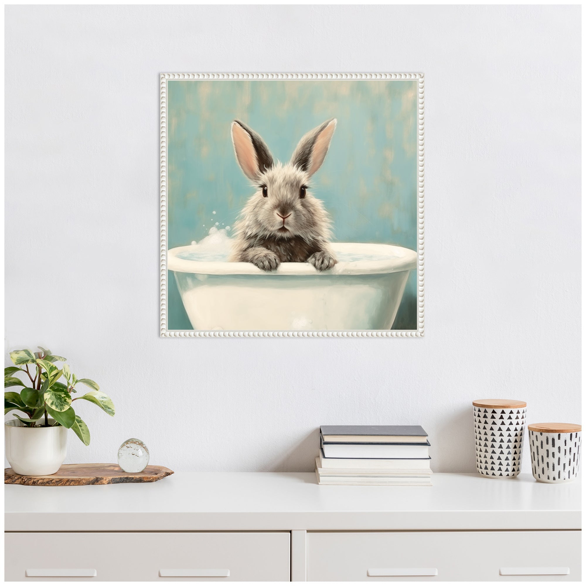 Sylvie Country Bunny White Bathtub Framed Canvas by The Creative Bunch Studio