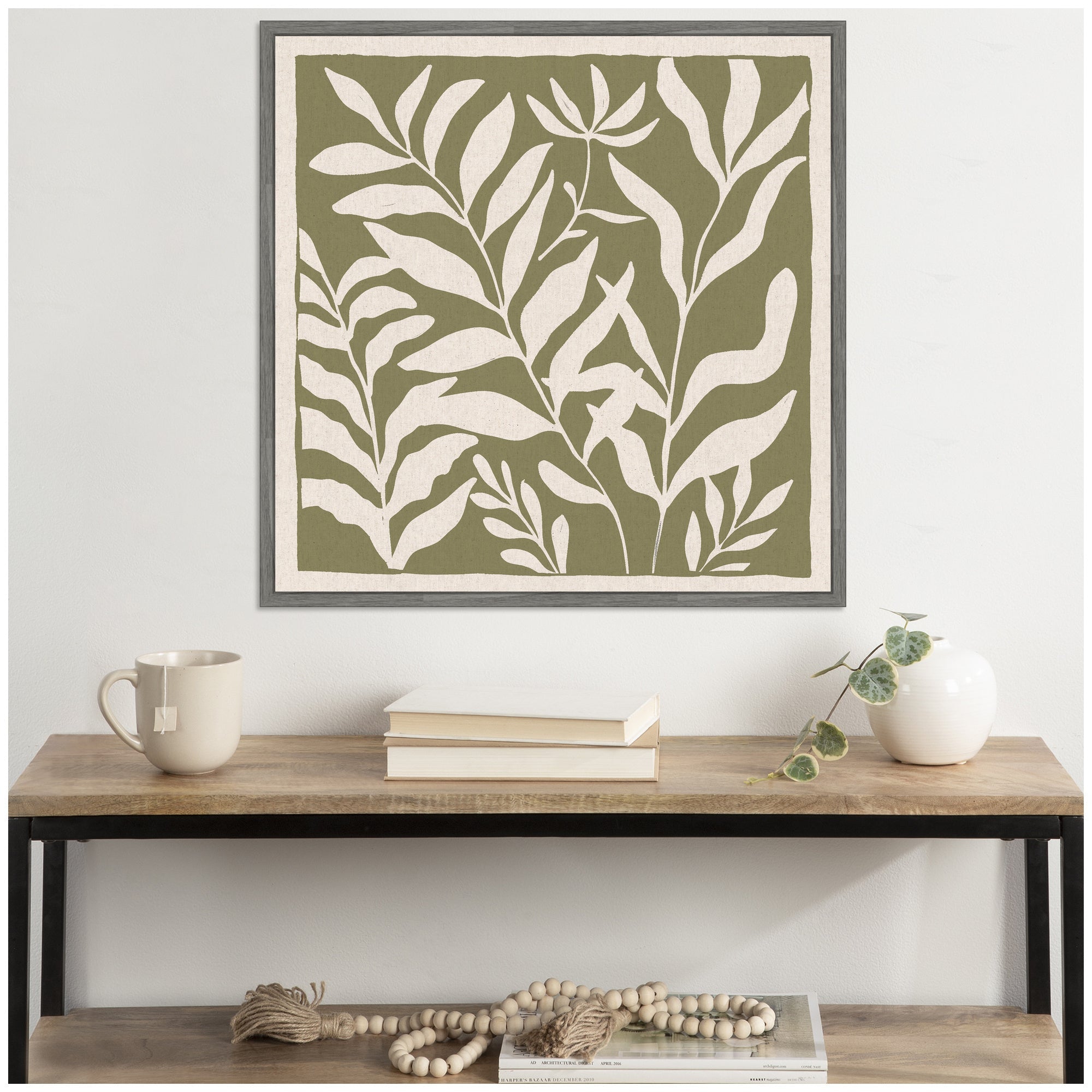 Sylvie Modern Minimalist Botanical Green and Neutral Linen Framed Canvas by The Creative Bunch Studio