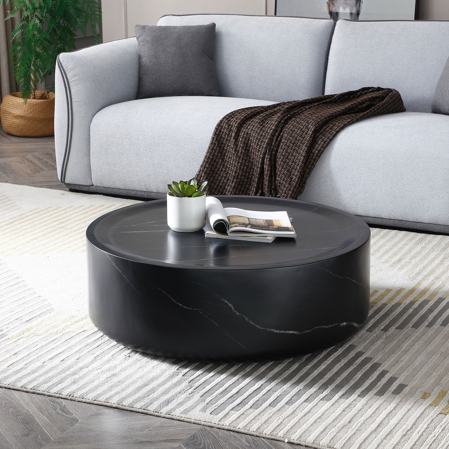 Round Black Marble Fiberglass Coffee Table-2