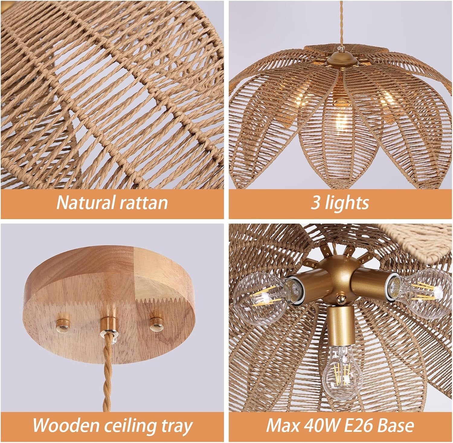 Handwoven Rattan Chandelier Three Light Pendant 24in-3
