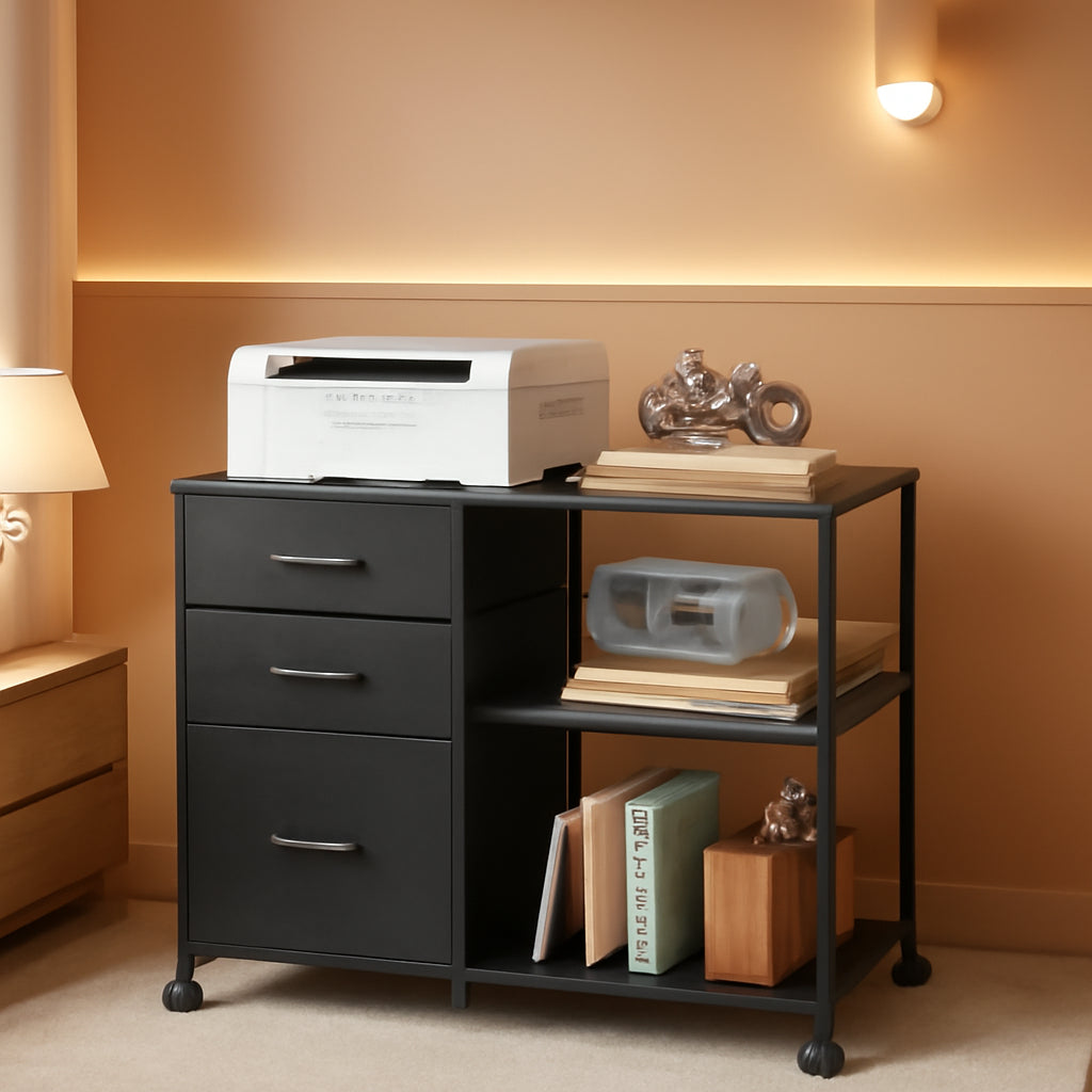 3 Drawer Mobile File Cabinet With Rolling Printer Stand And Open Storage Shelf For A4 Or Letter Size In Black
