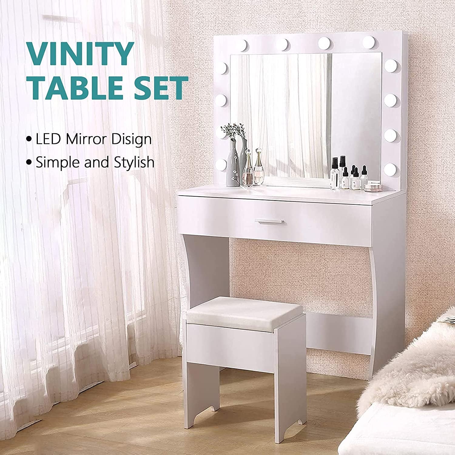 White Vanity Table With Lighted Mirror And Large Drawer