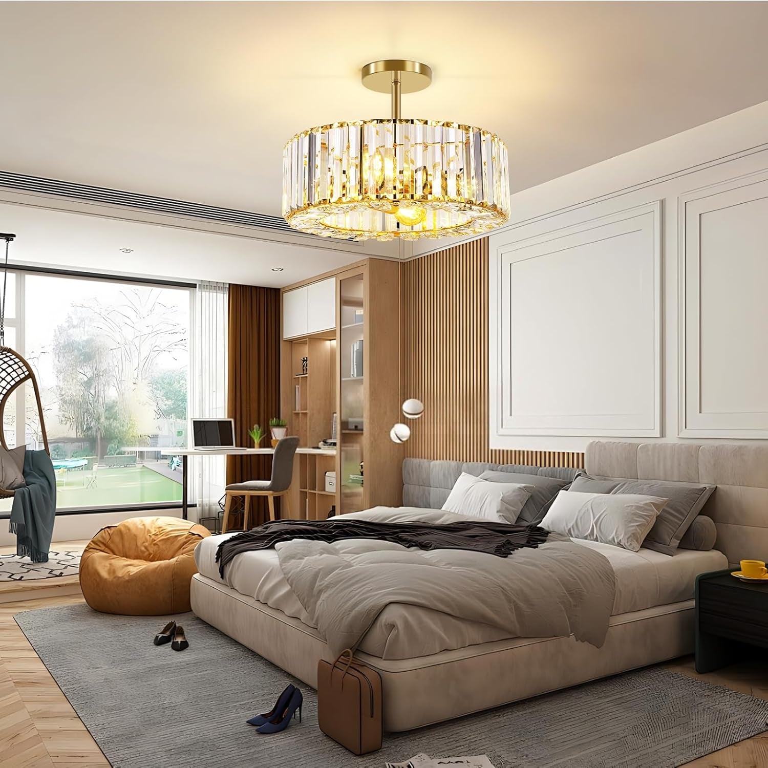 Gold Crystal Ceiling Light 14 Inch Contemporary Style-4