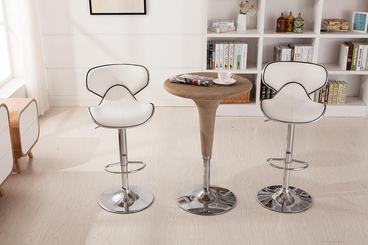 White Cushioned Leatherette Barstool Set Of 2 Adjustable Height Swivel