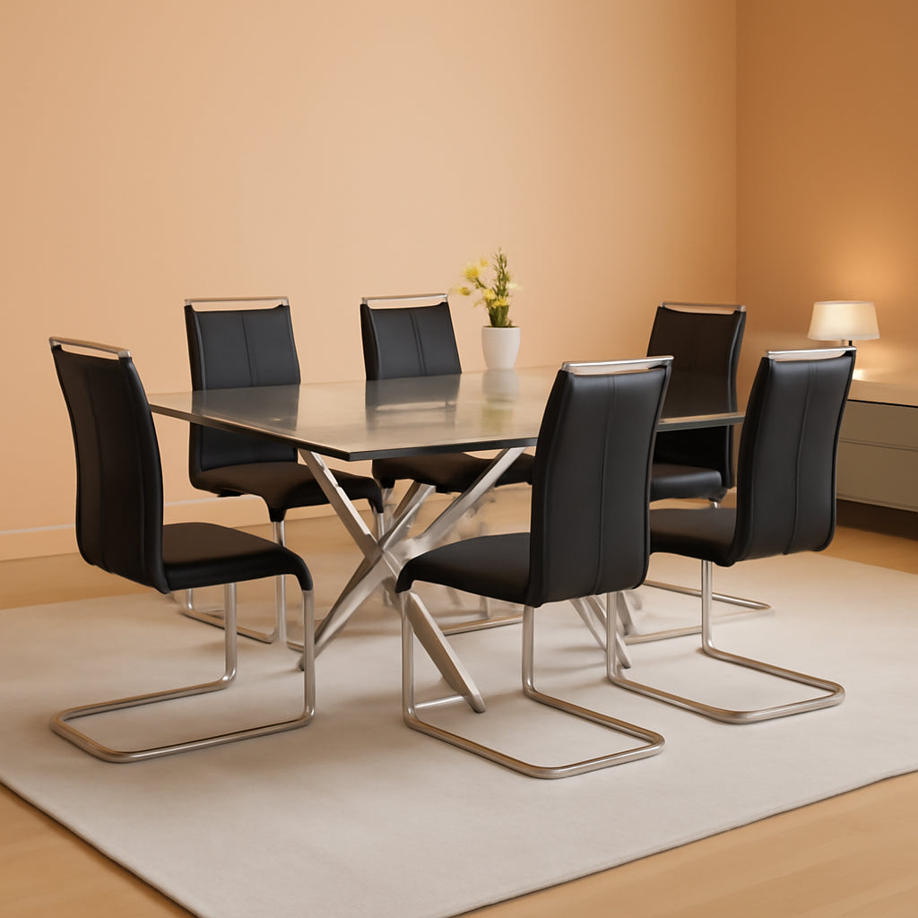 6 Piece Black PU Leather Dining Chairs With Metal Legs