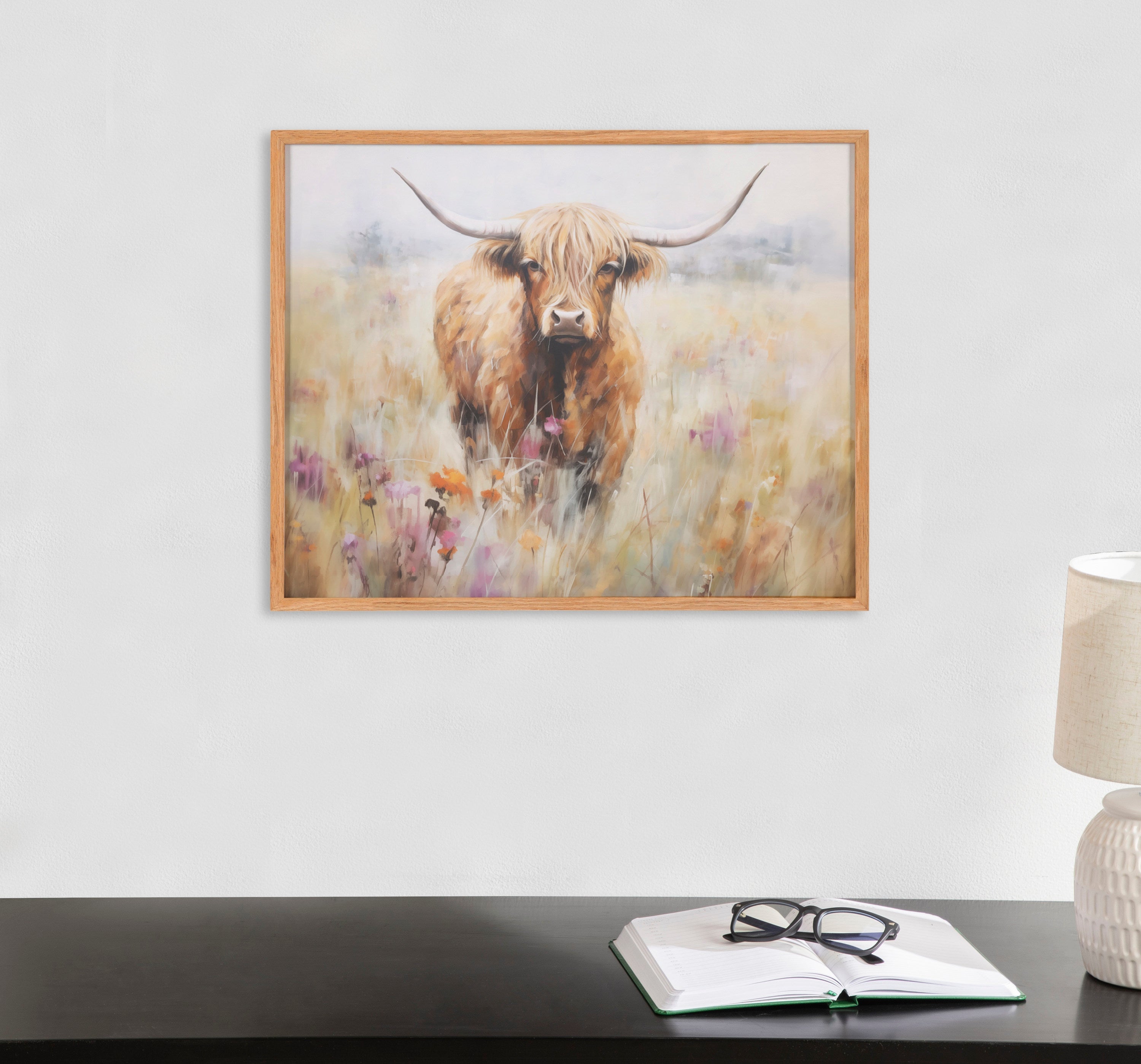 Gallery Highland Cow in a Flower Field Landscape Print by The Creative Bunch Studio