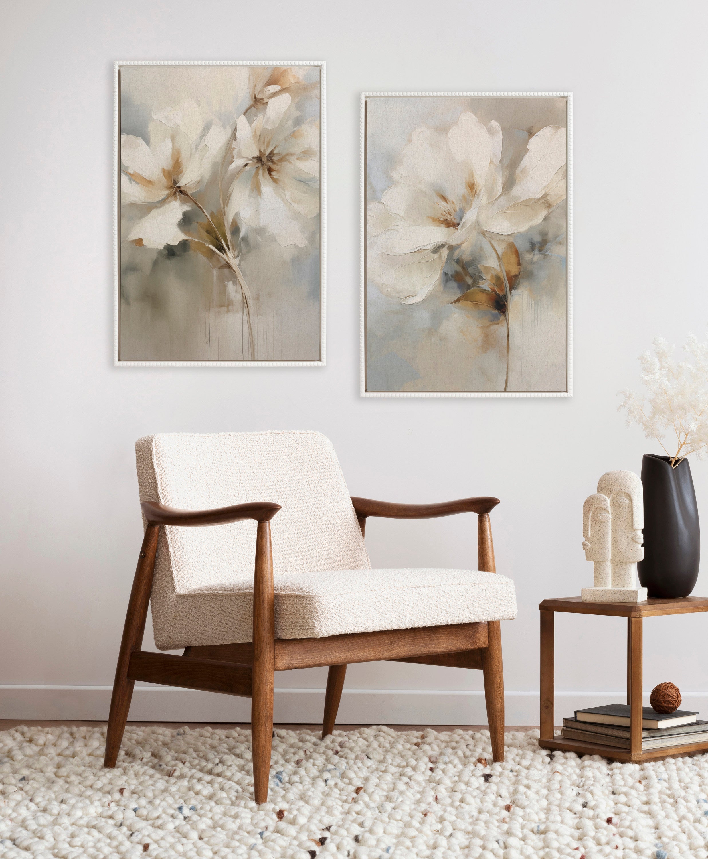Sylvie Beaded Abstract Botanical Floral Linen Painting 1 and 2 Framed Canvas Art Set by The Creative Bunch Studio