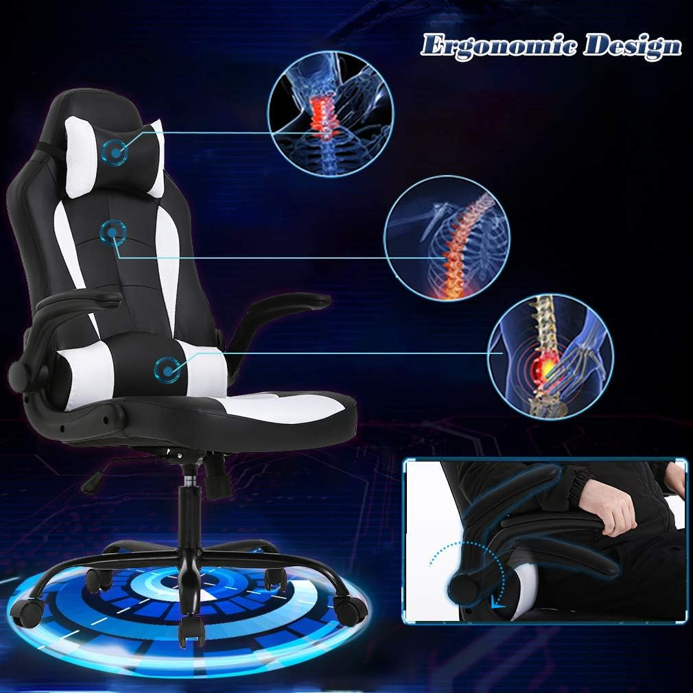 PC Gaming Chair White With Lumbar Support And Flip Up Arms