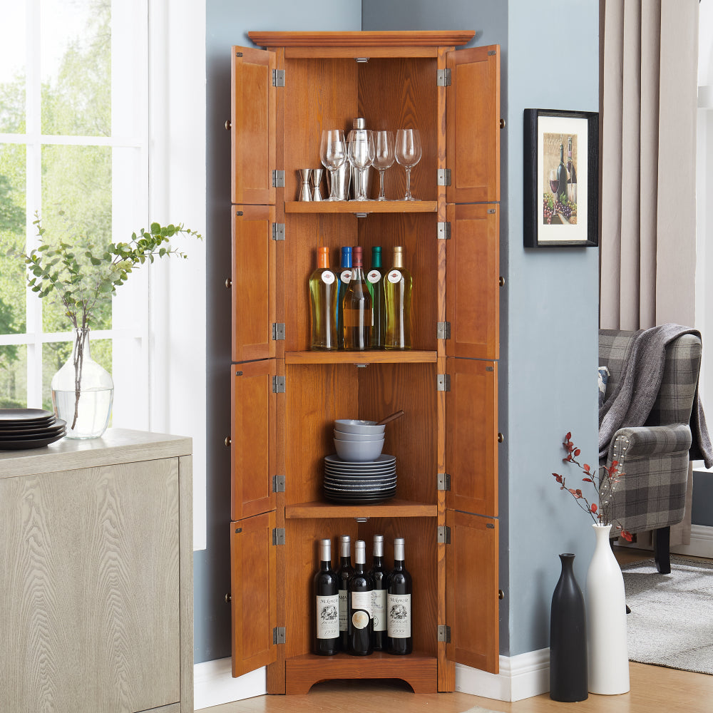 72" Corner Kitchen Pantry Cabinet | 4-Tier Tall Storage with 8 Doors & Shelves — Farmhouse Oak