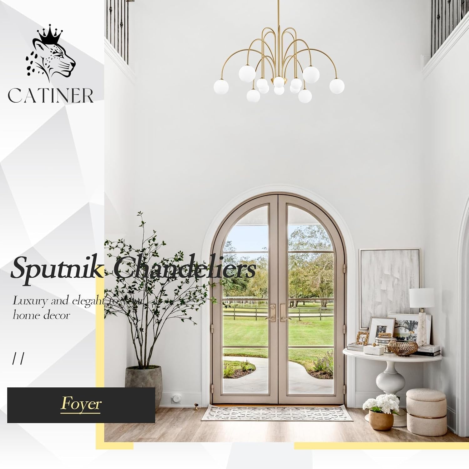 Gold Sputnik Chandelier 52 Inch Radiant Milk Glass Shades-2