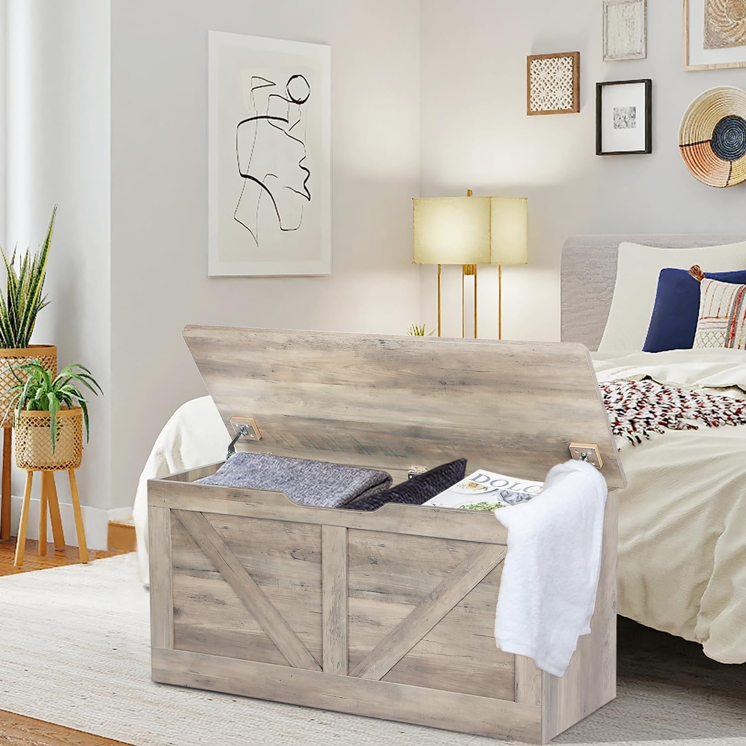 Grey Wooden Entryway Storage Bench Chest With Safety Hinges 39.4 Inch