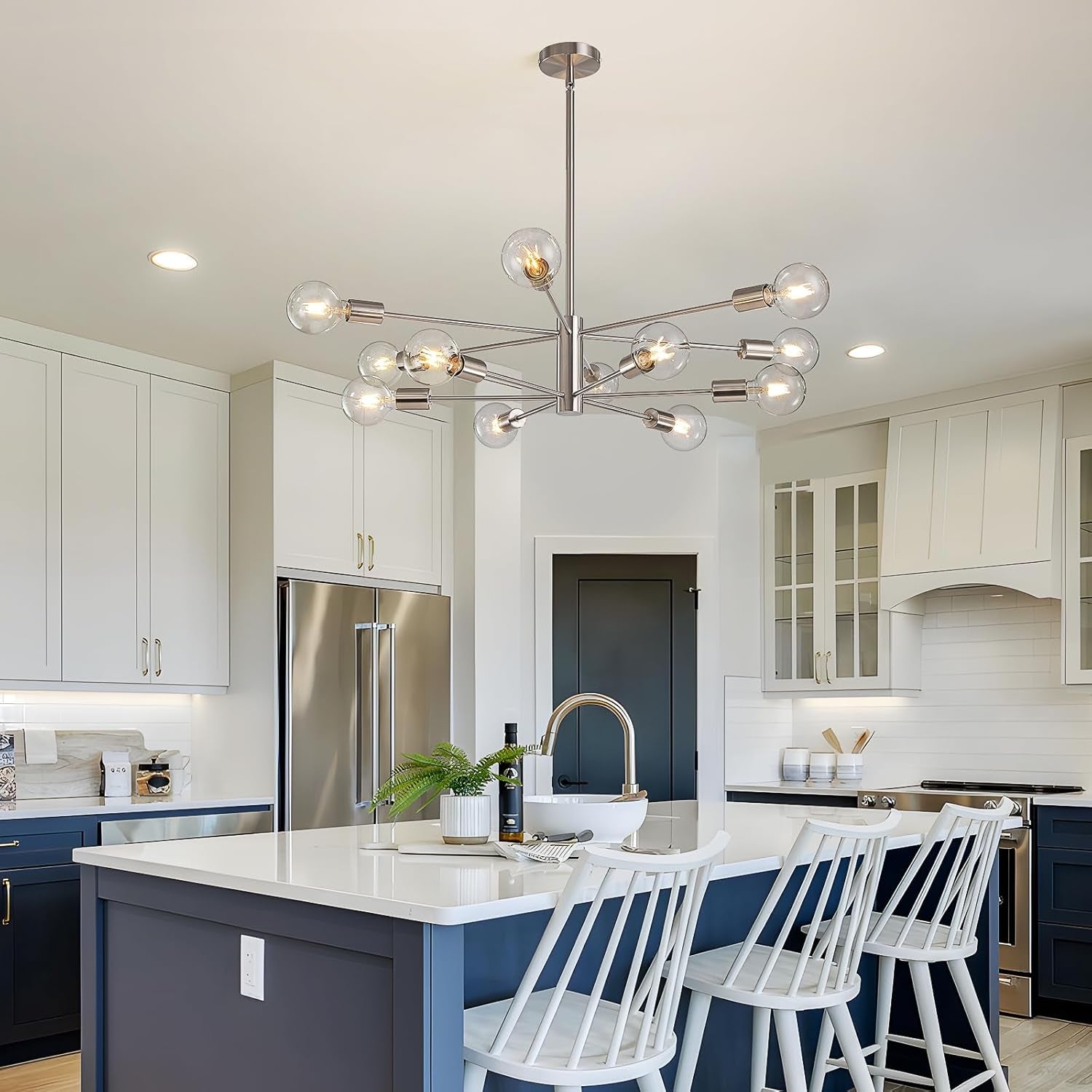 Sputnik 12 Light Brushed Nickel Chandelier For Dining Room