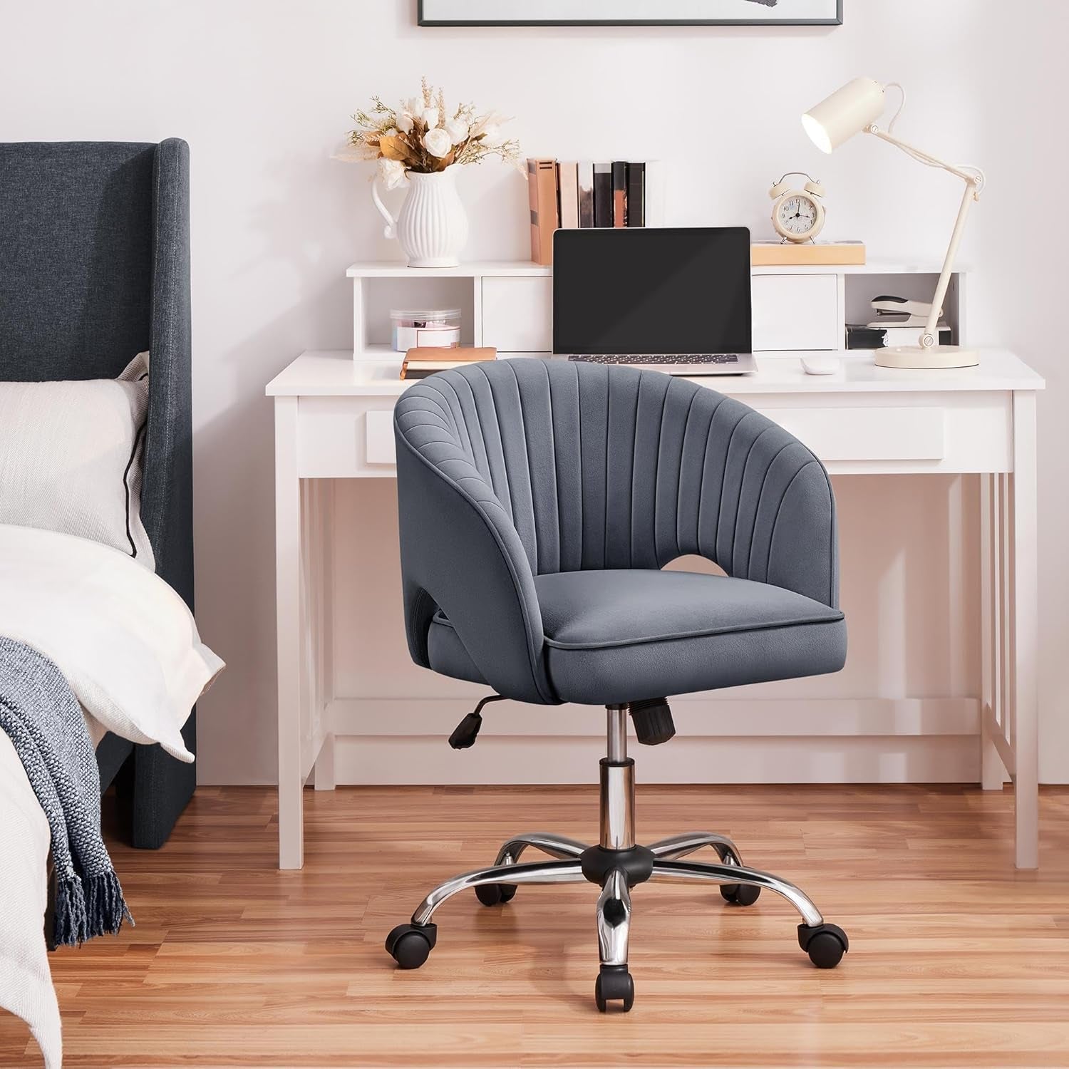 Dark Gray Velvet Swivel Office Chair Tufted Barrel Back