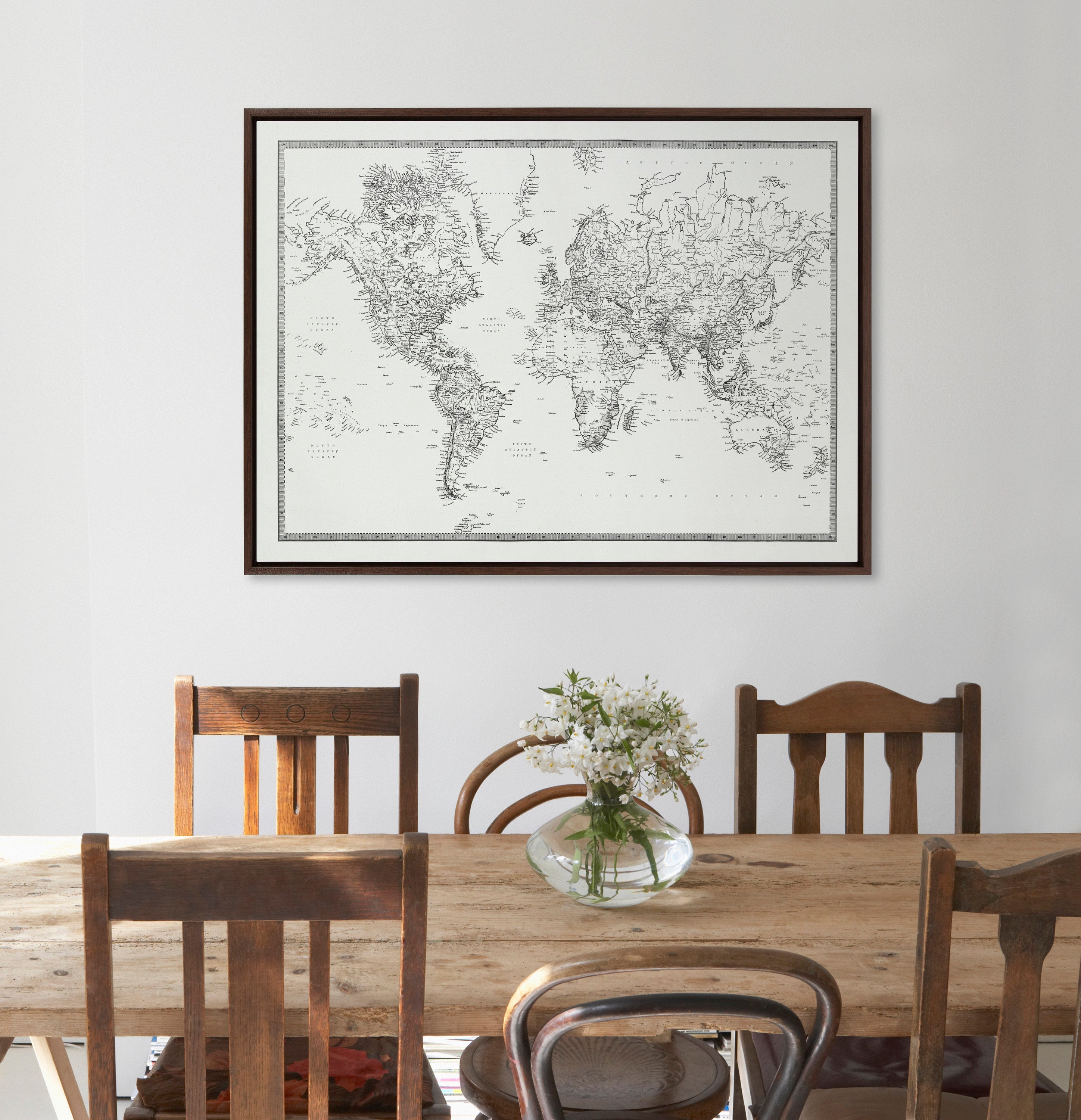 Sylvie Vintage Black and White World Map Framed Canvas by The Creative Bunch Studio