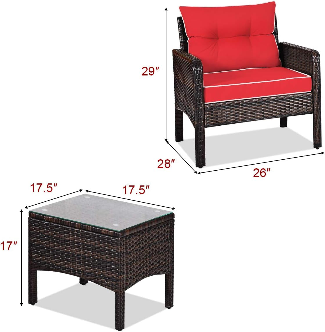 Red 3 Piece Outdoor Patio Furniture Set With Wicker Chairs And Glass Top Coffee Table