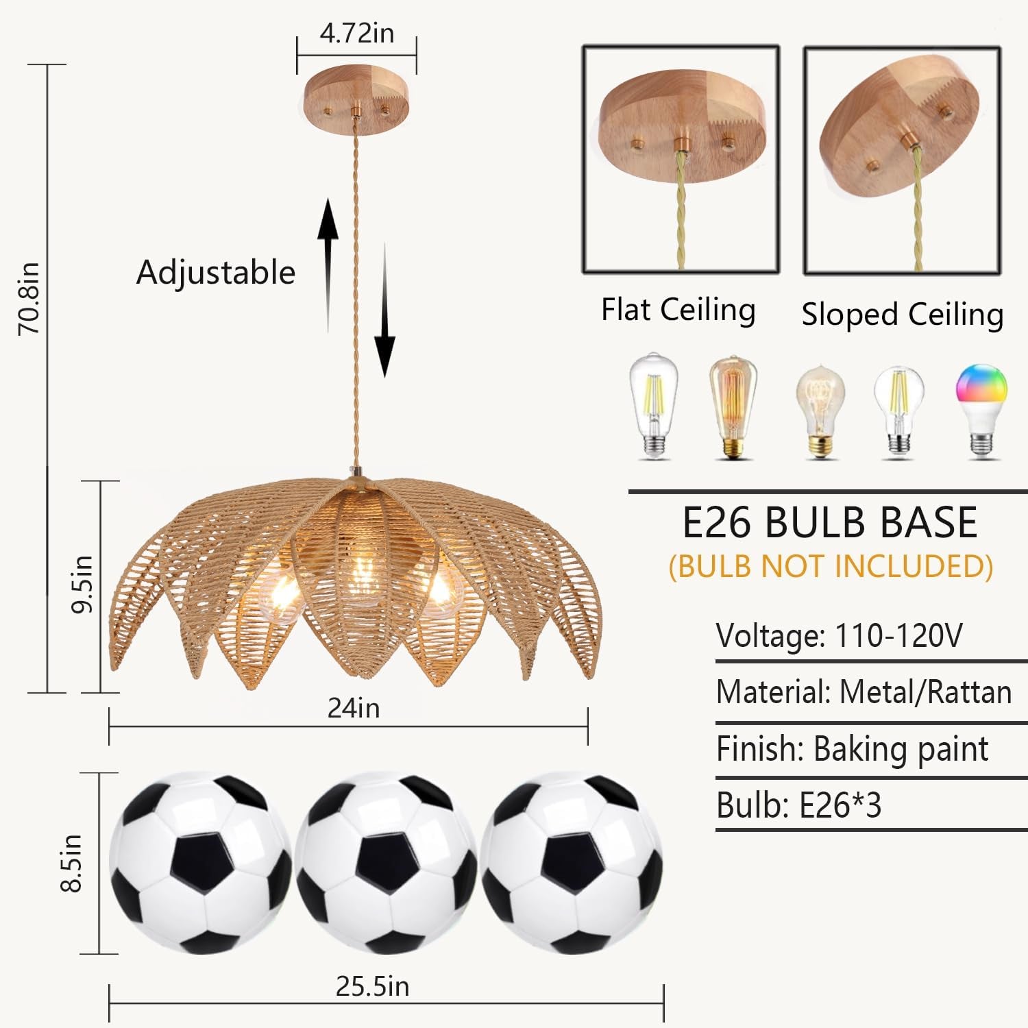 Handwoven Rattan Chandelier Three Light Pendant 24in-2