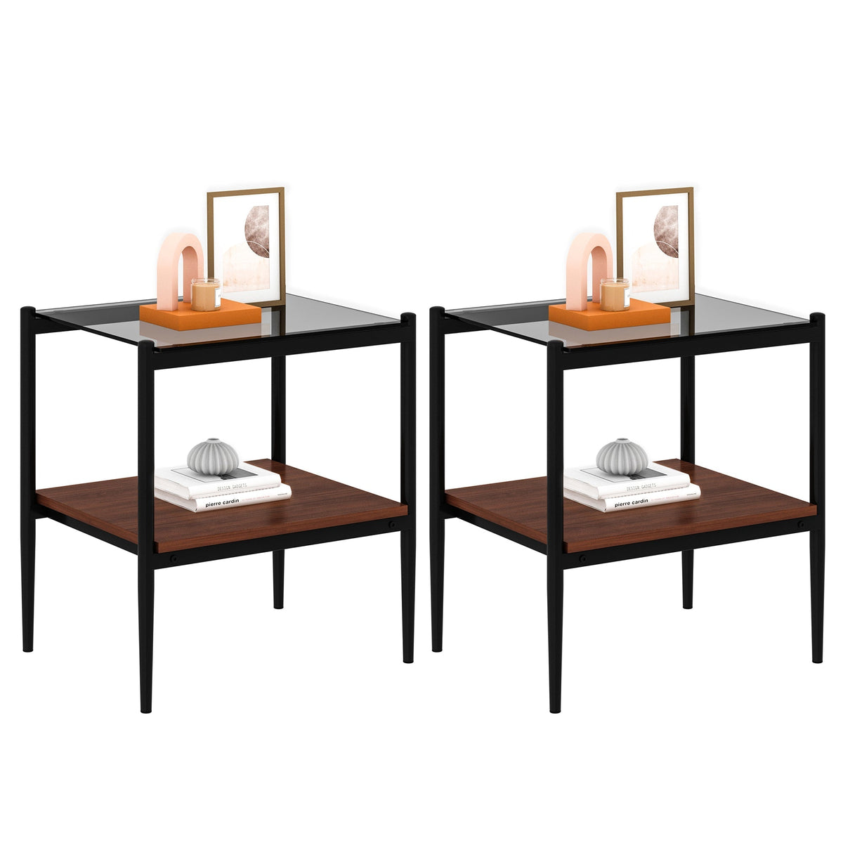 Rectangle End Table Set with Gray Tempered Glass Tops - Gray
