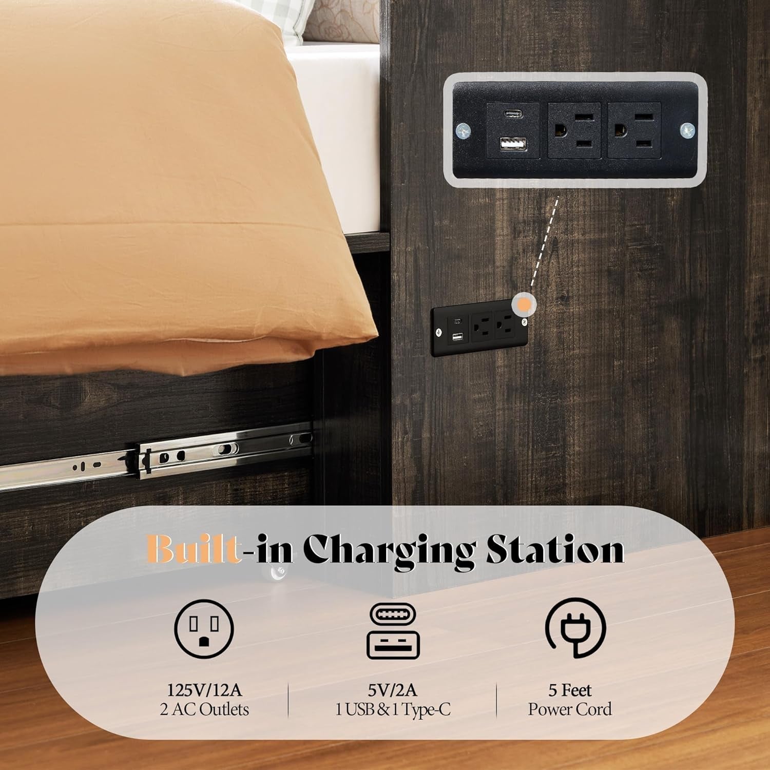 Black Oak Murphy Bed Cabinet With USB Charging Station Queen Size