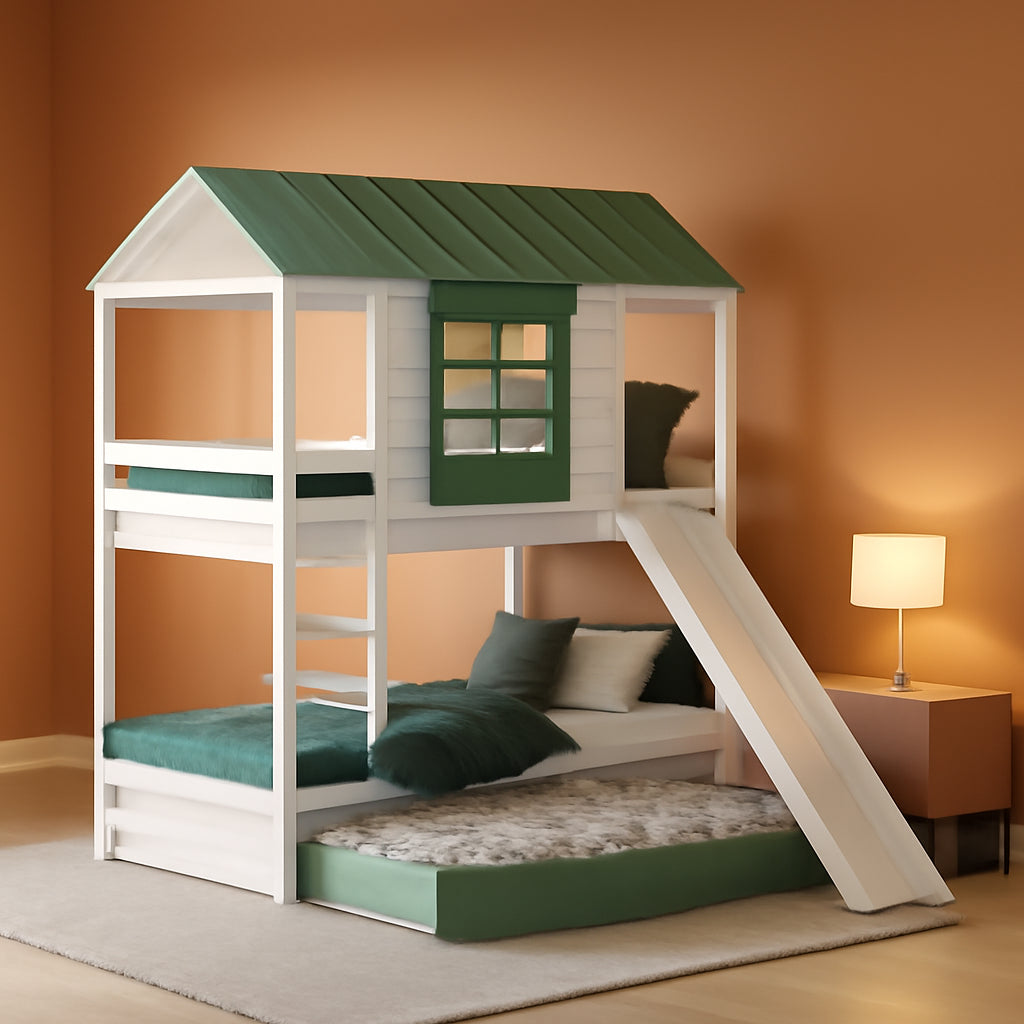 Bunk Bed Twin Over Twin With Slide And Trundle White Green