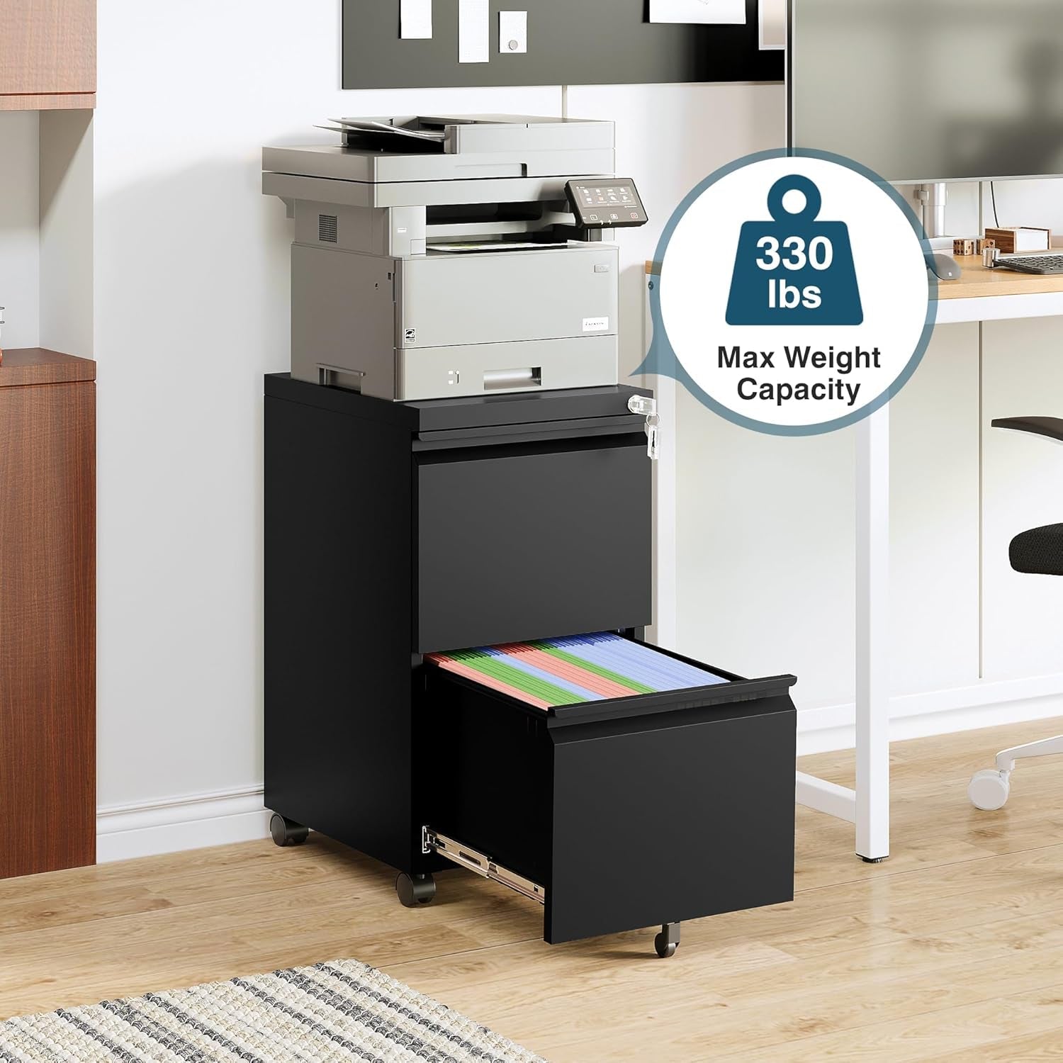 2 Drawer Mobile File Cabinet On Wheels Black For Home Office Under Desk Filing Legal Letter A4