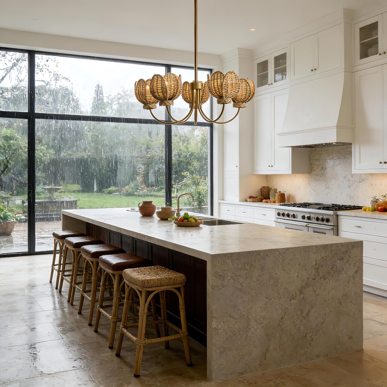 Natural Wicker Brass Chandelier Pendant Light 38 Inch-4