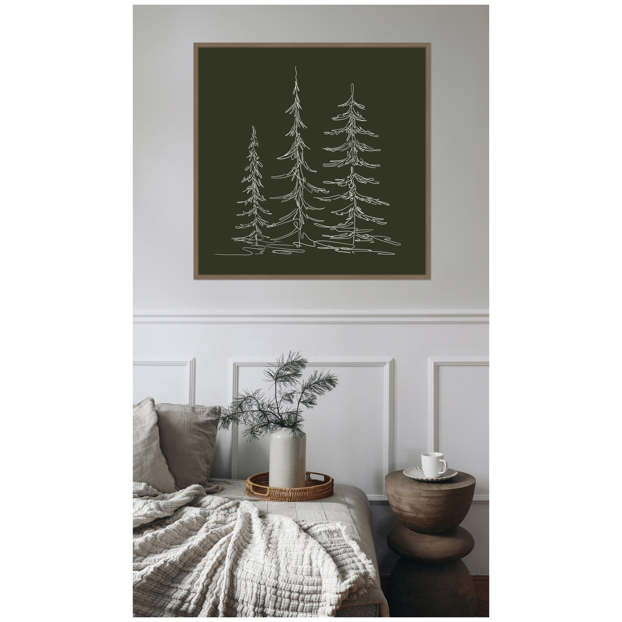 Sylvie Framed Canvas Minimalist Evergreen Trees Sketch Green by The Creative Bunch Studio