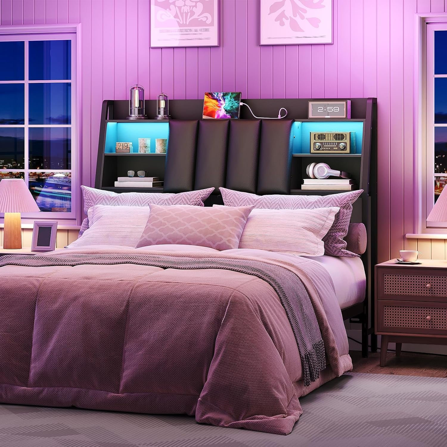 Upholstered Full Size Headboard with LED Lights and Storage