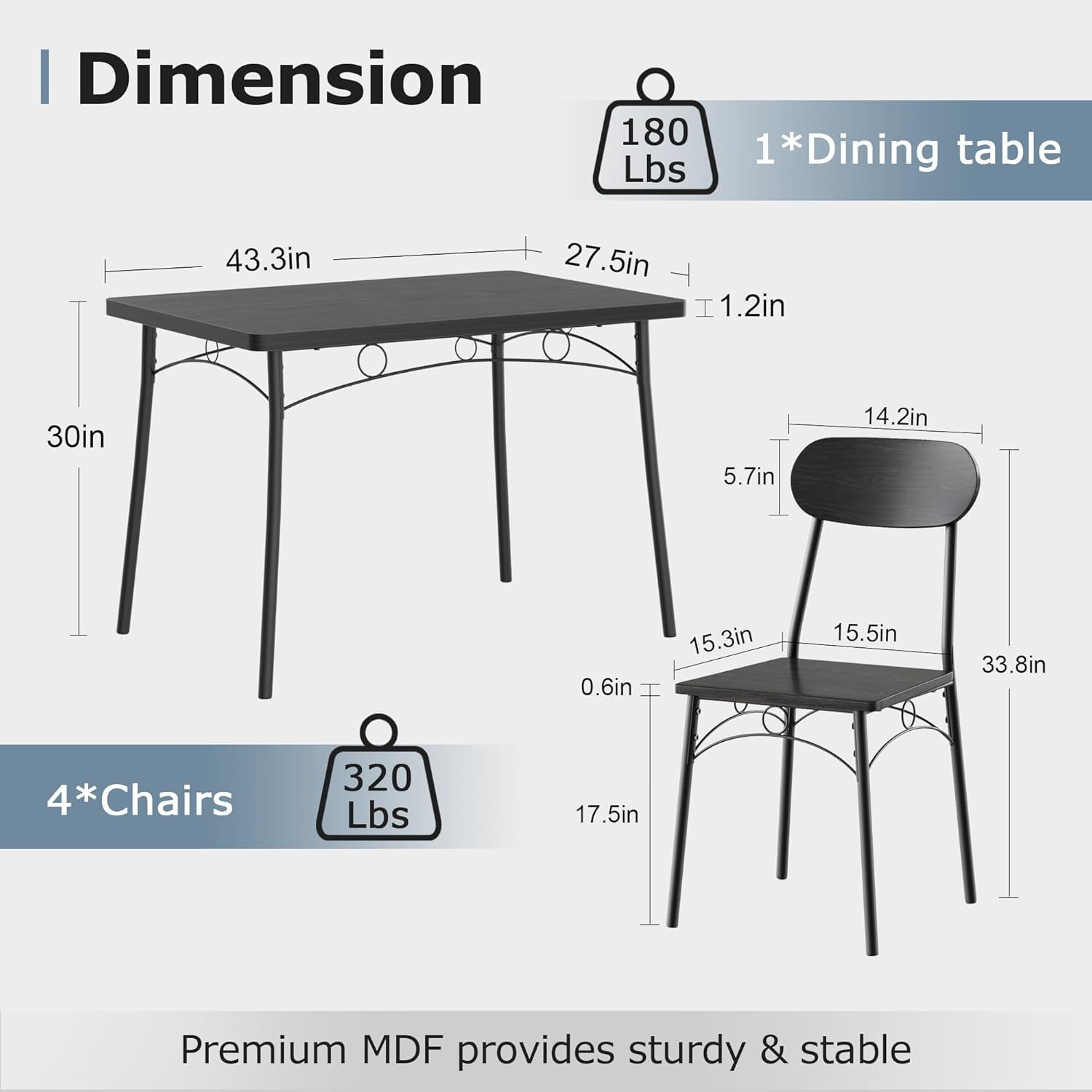 Black MDF Space Saving Dining Room Table Set With Chairs For Four