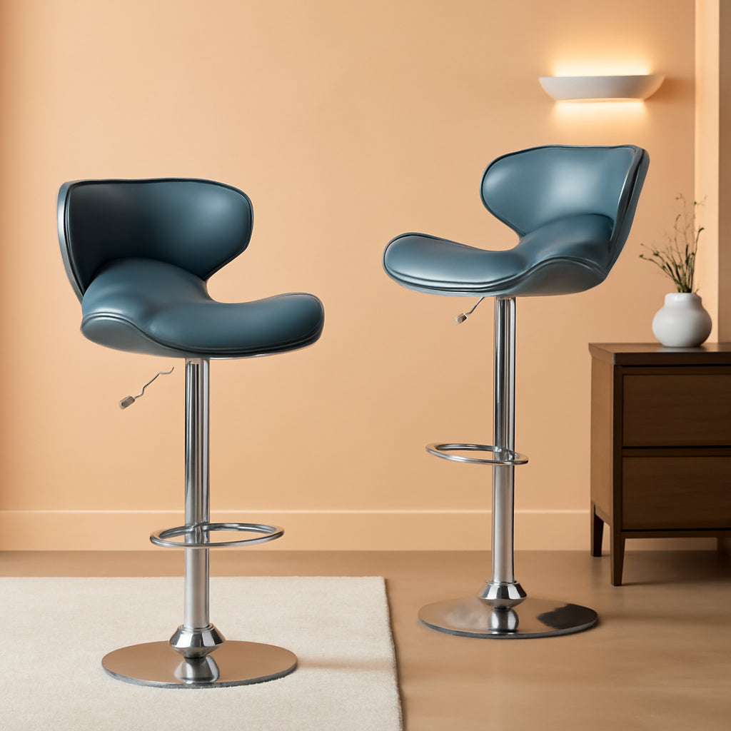 Blue Cushioned Leatherette Barstools Set Of 2 With Airlift Height And Swivel