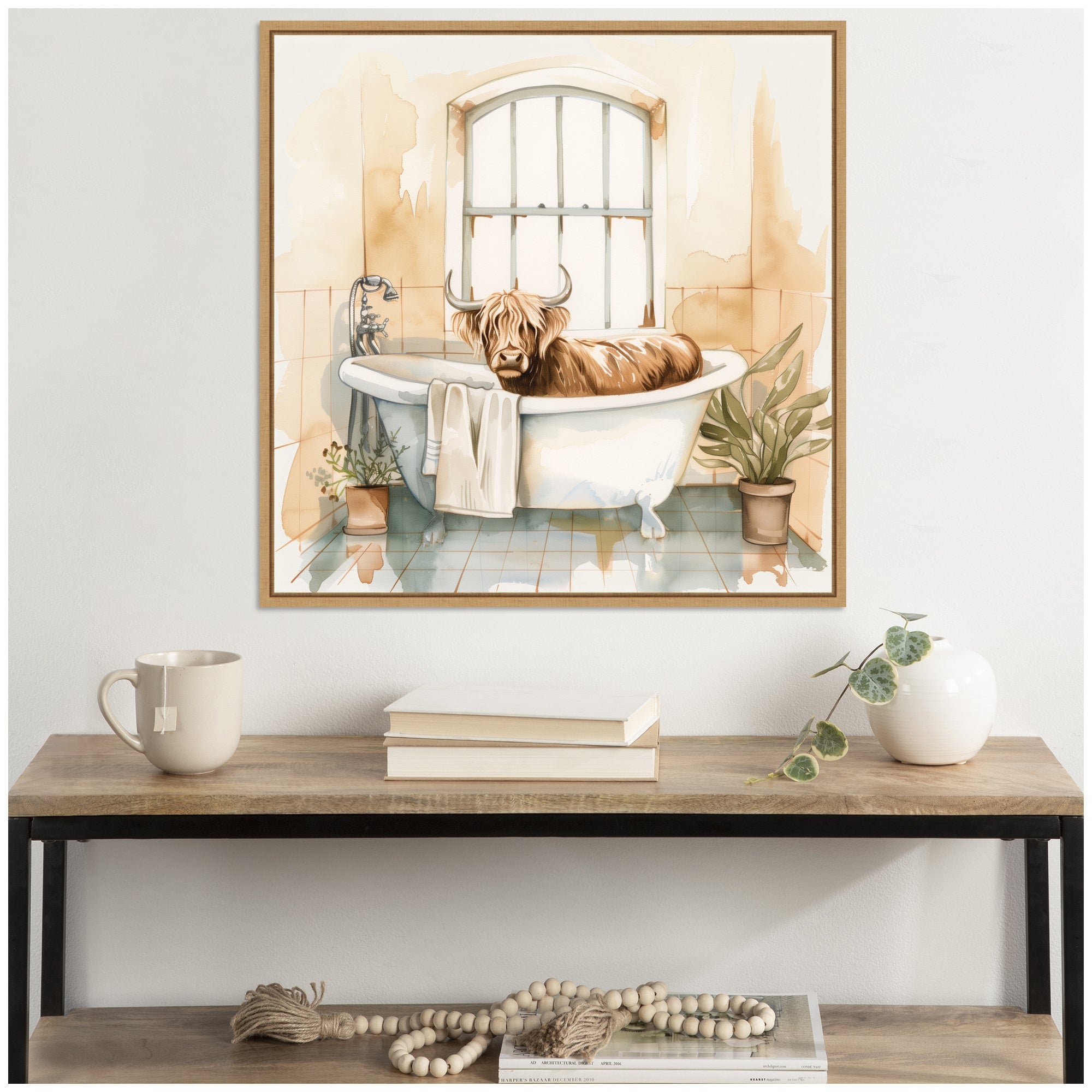 Sylvie Highland Cow Bathroom Watercolor Framed Canvas by The Creative Bunch Studio
