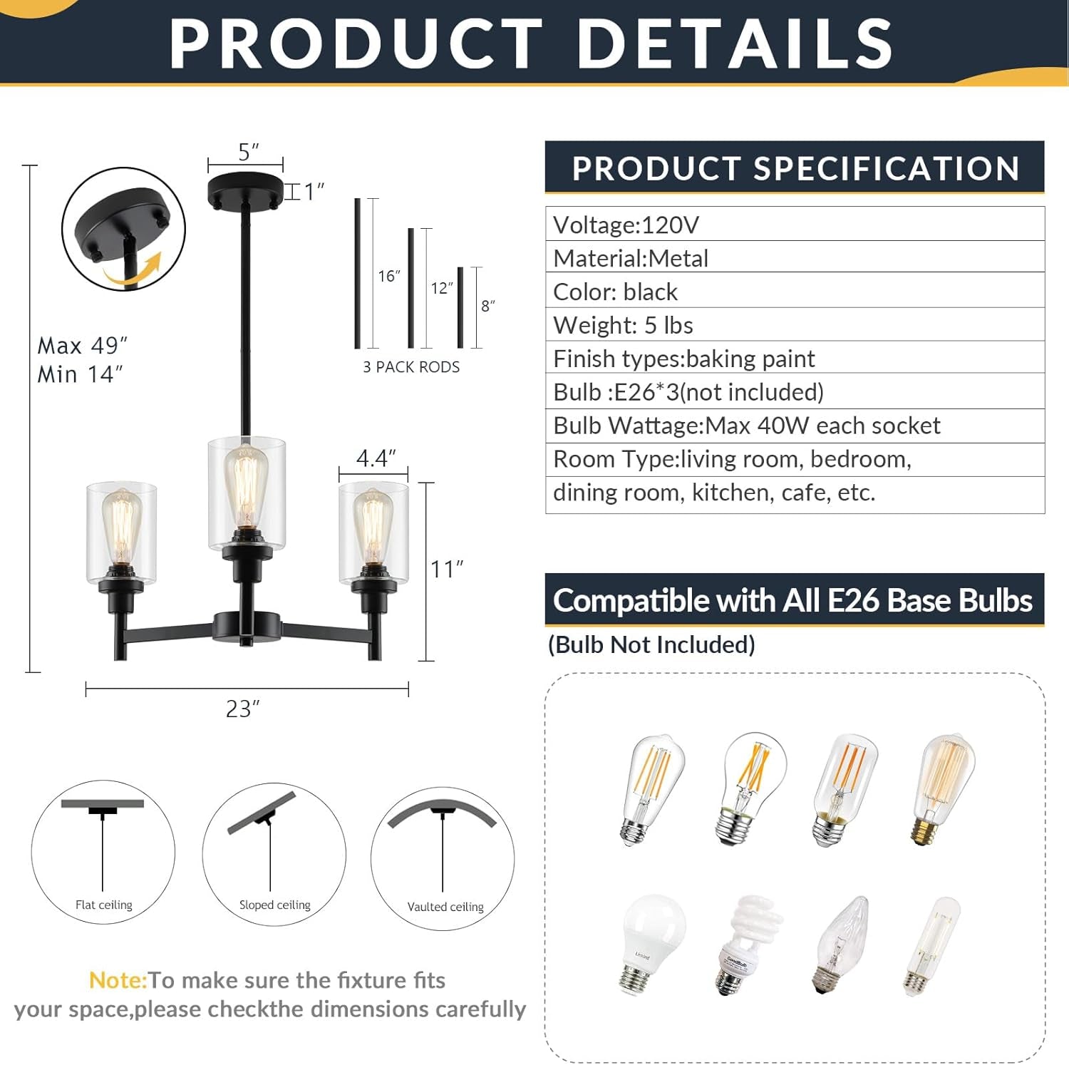 Three Light Black Glass Chandelier For Dining Room And Entryway With Glass Shade