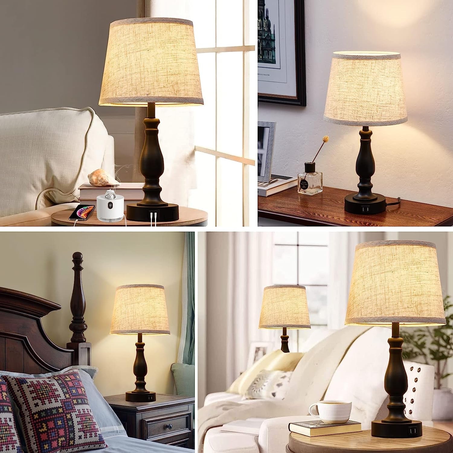 Bedside Table Lamps Set Of 2 With USB Ports And Dimmable