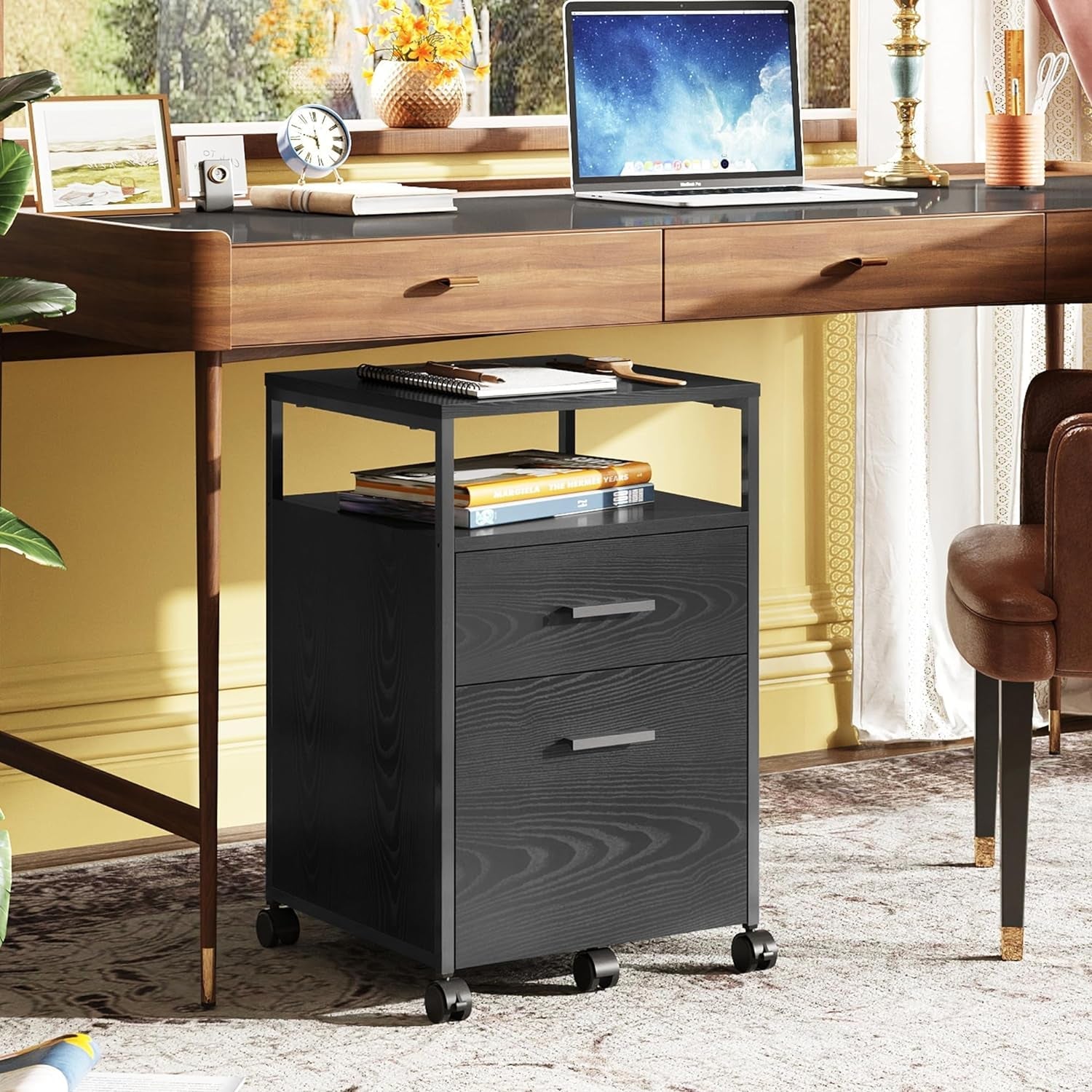 2 Drawer Mobile File Cabinet With Open Storage Shelf Black