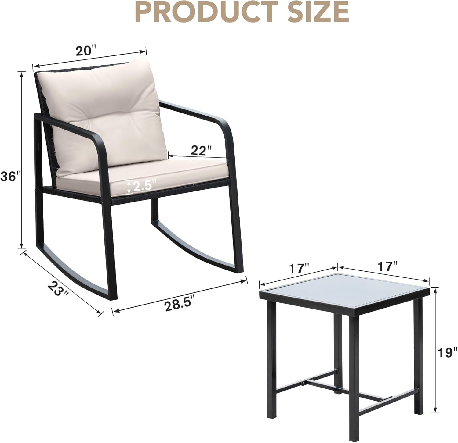 Beige 3 Piece Rocking Patio Bistro Set With Tempered Glass Coffee Table For Outdoor Furniture