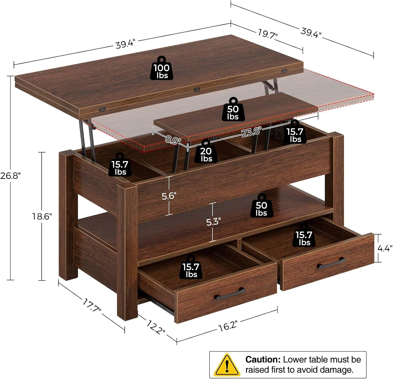 Espresso Lift Top Coffee Table With Drawers And Hidden Compartment