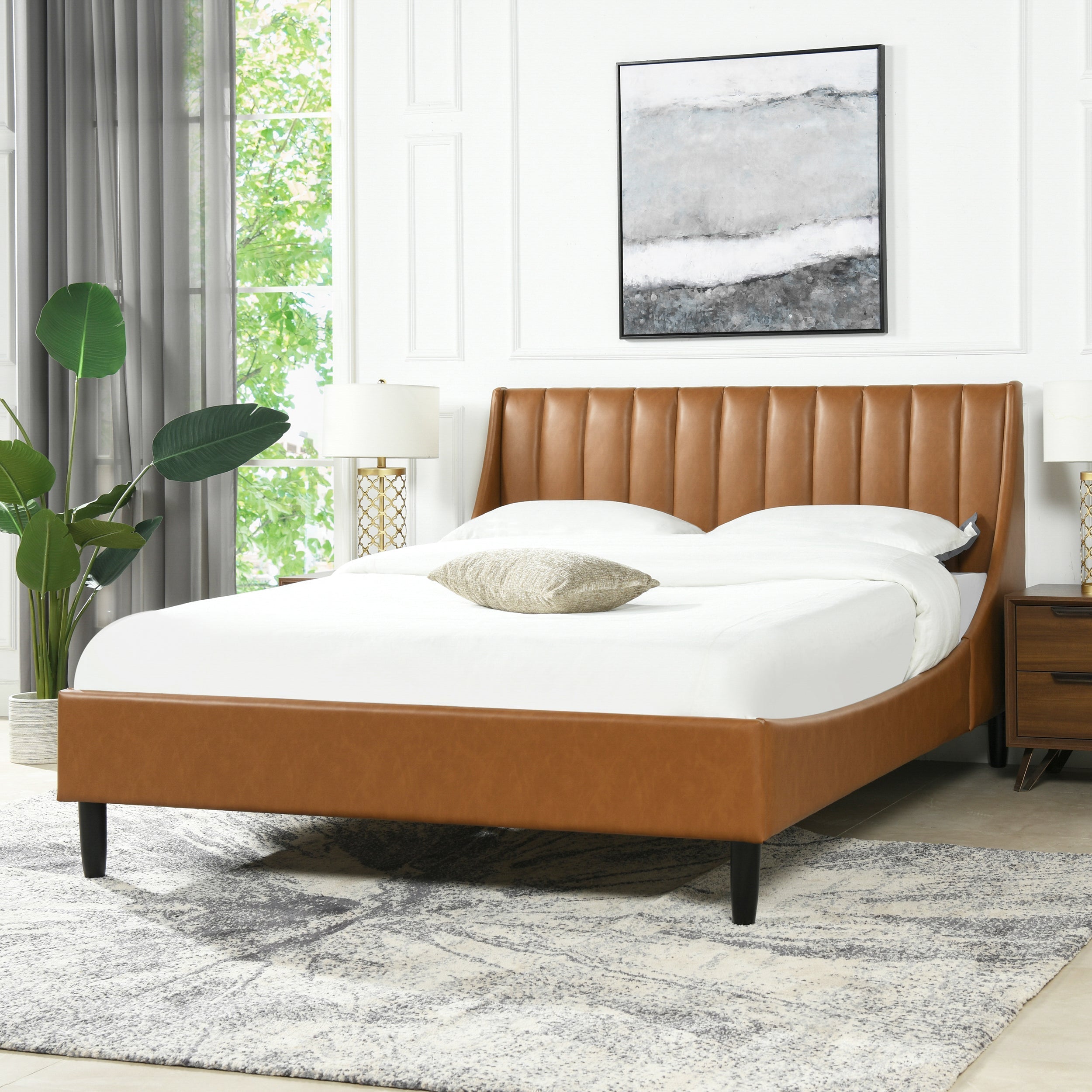 Aspen Vertical Tufted Modern Headboard Platform Bed Set, Queen, Caramel Tan Brown Faux Leather