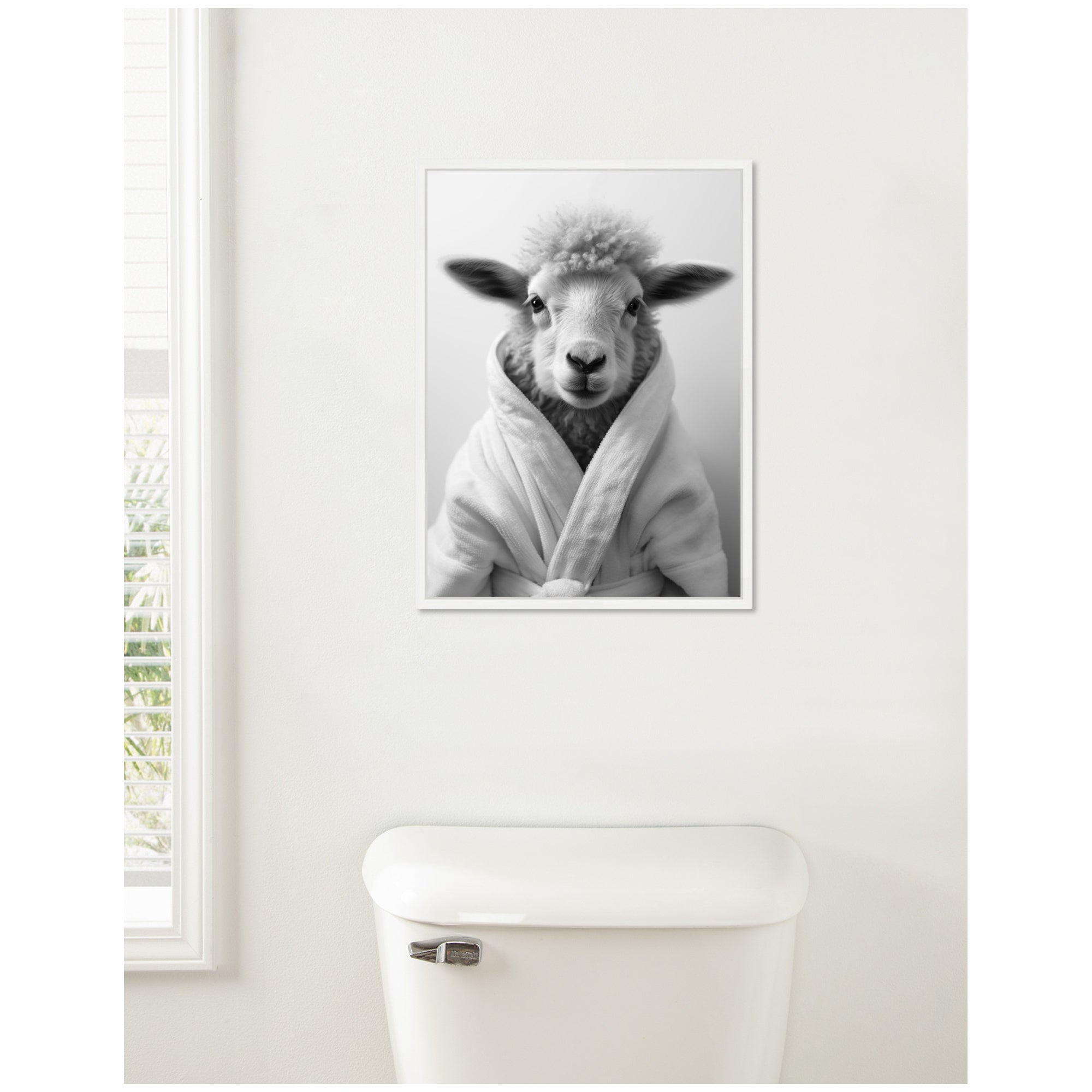 Sylvie Sheep Bathroom Art Towel Robe Black and White Framed Canvas by The Creative Bunch Studio