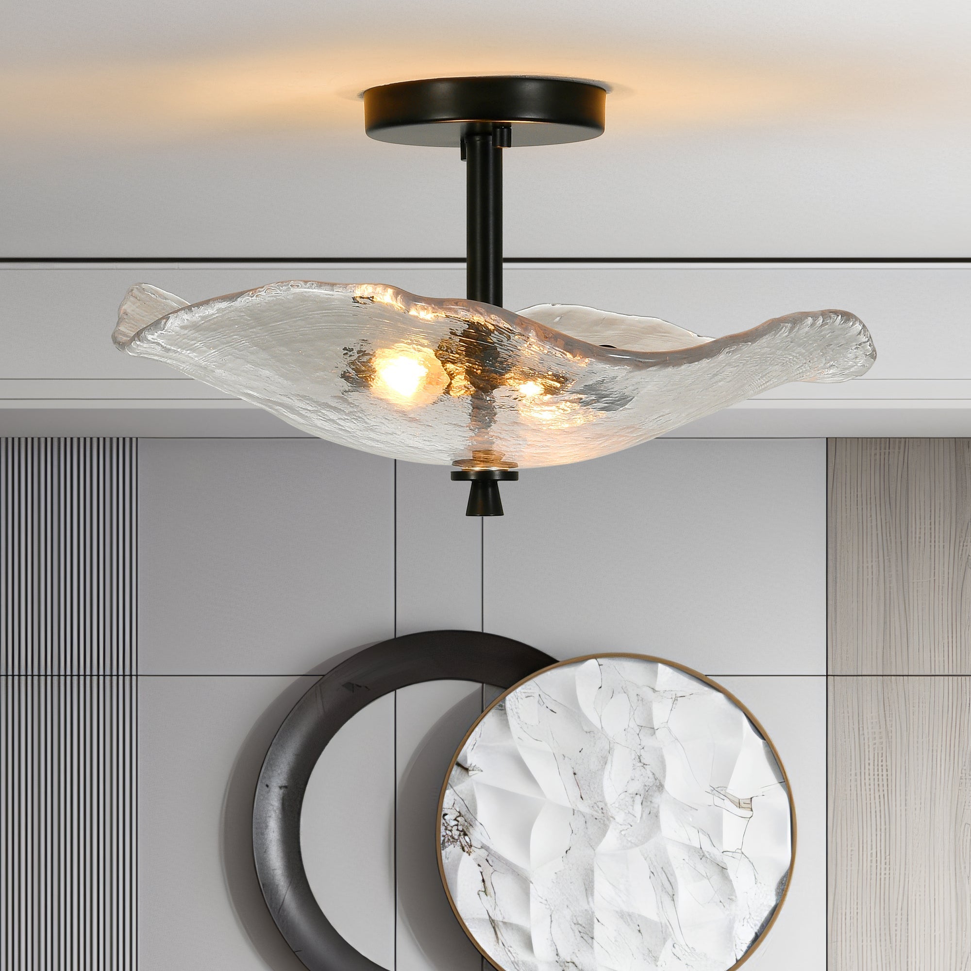 Ceiling Light Fixtures Flush Mount Indoor Outdoor Ceiling Light with Water Ripple Glass Shade (Black)