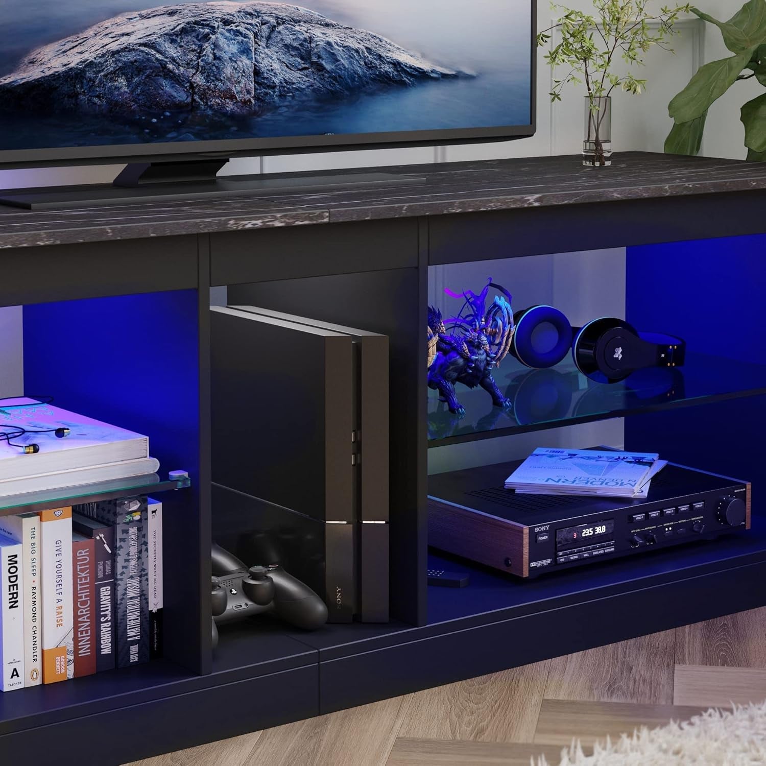 RGB LED Gaming TV Stand For 55Inch TV With Adjustable Glass Shelves Black Marble
